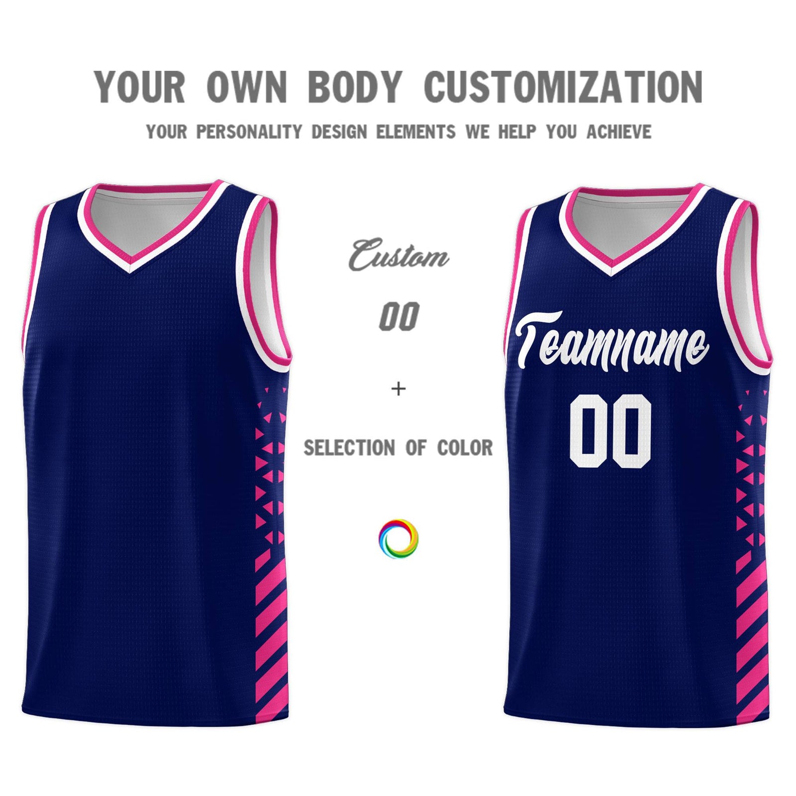 Custom Navy Basketball Kits With Side Rose Red Diamond Stripe Pattern