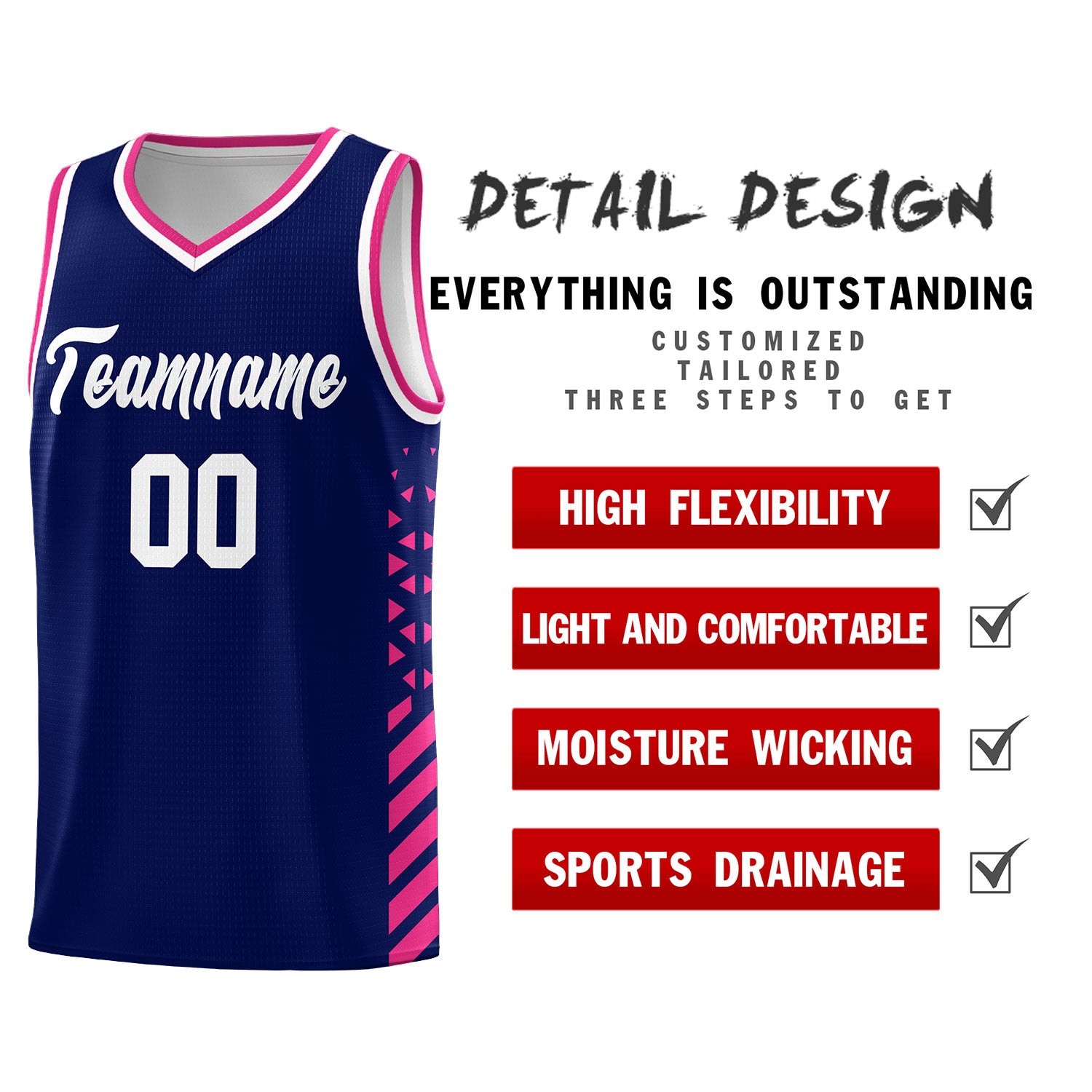 Custom Navy Basketball Kits With Side Rose Red Diamond Stripe Pattern