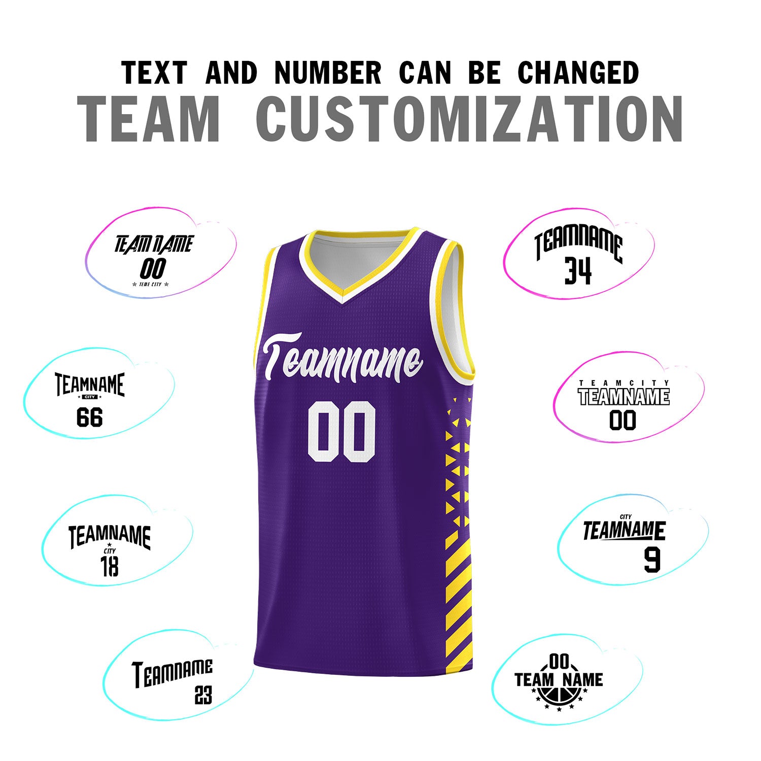 Custom Purple Basketball Kits With Side Gold Diamond Stripe Pattern