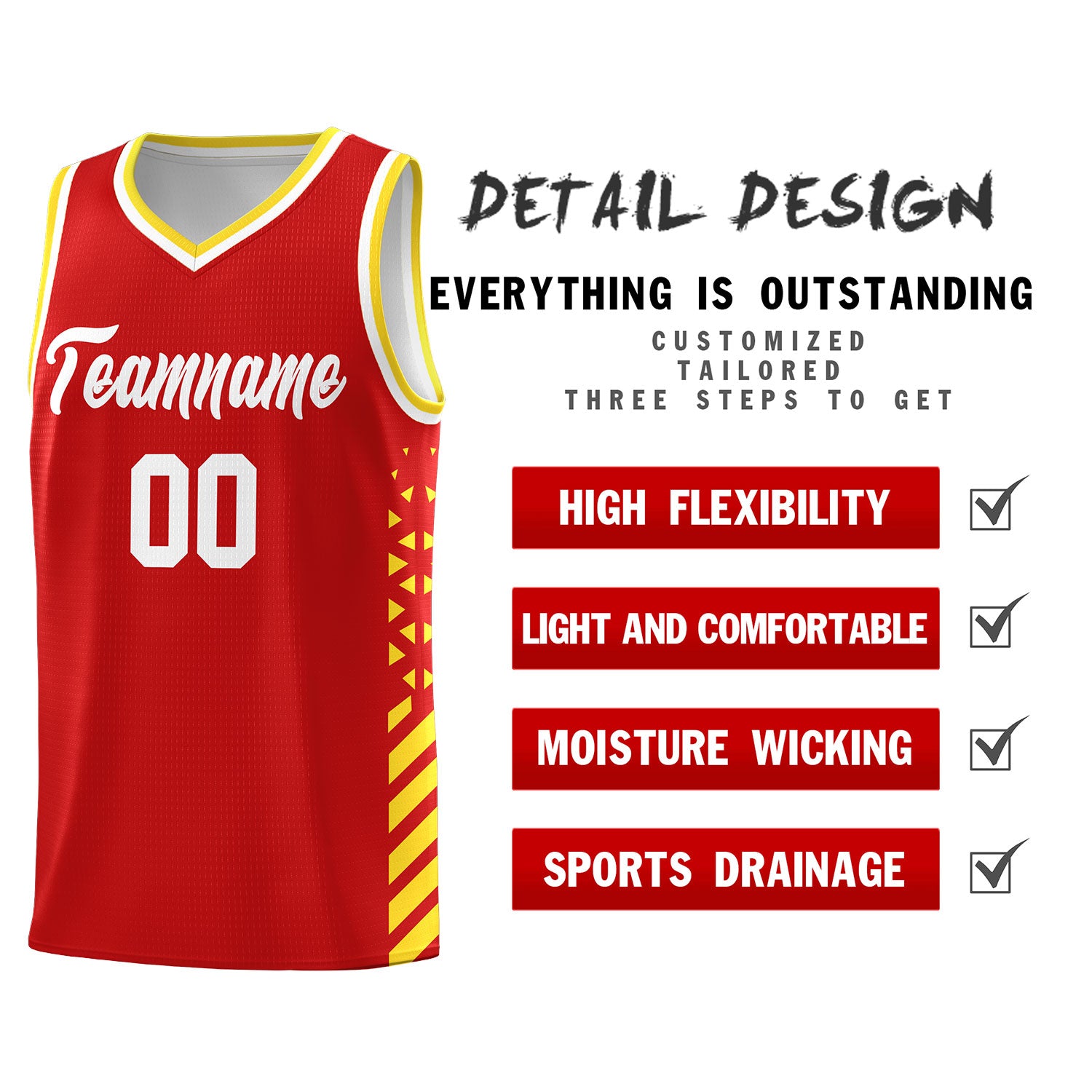 Custom Red Basketball Kits With Side Gold Diamond Stripe Pattern