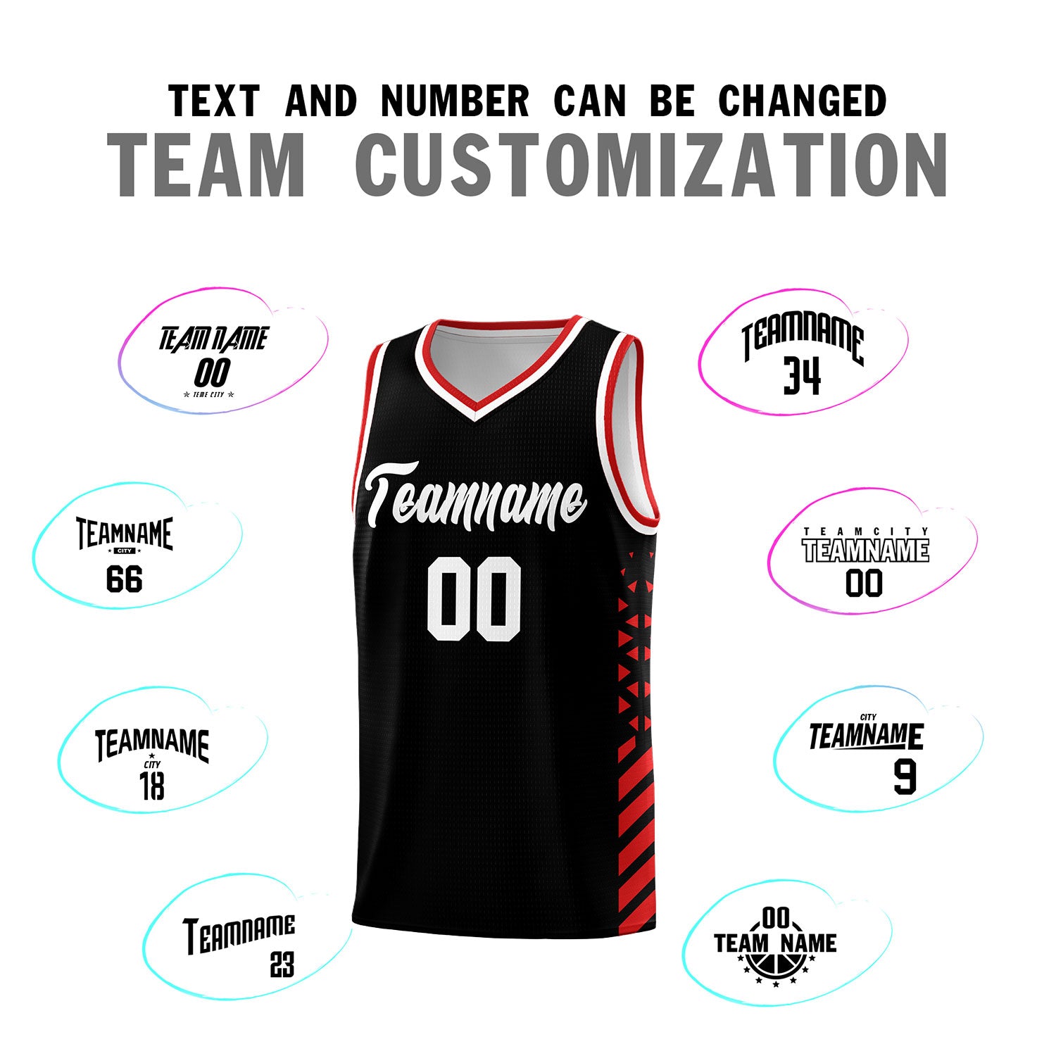 Custom Black Basketball Kits With Side Red Diamond Stripe Pattern