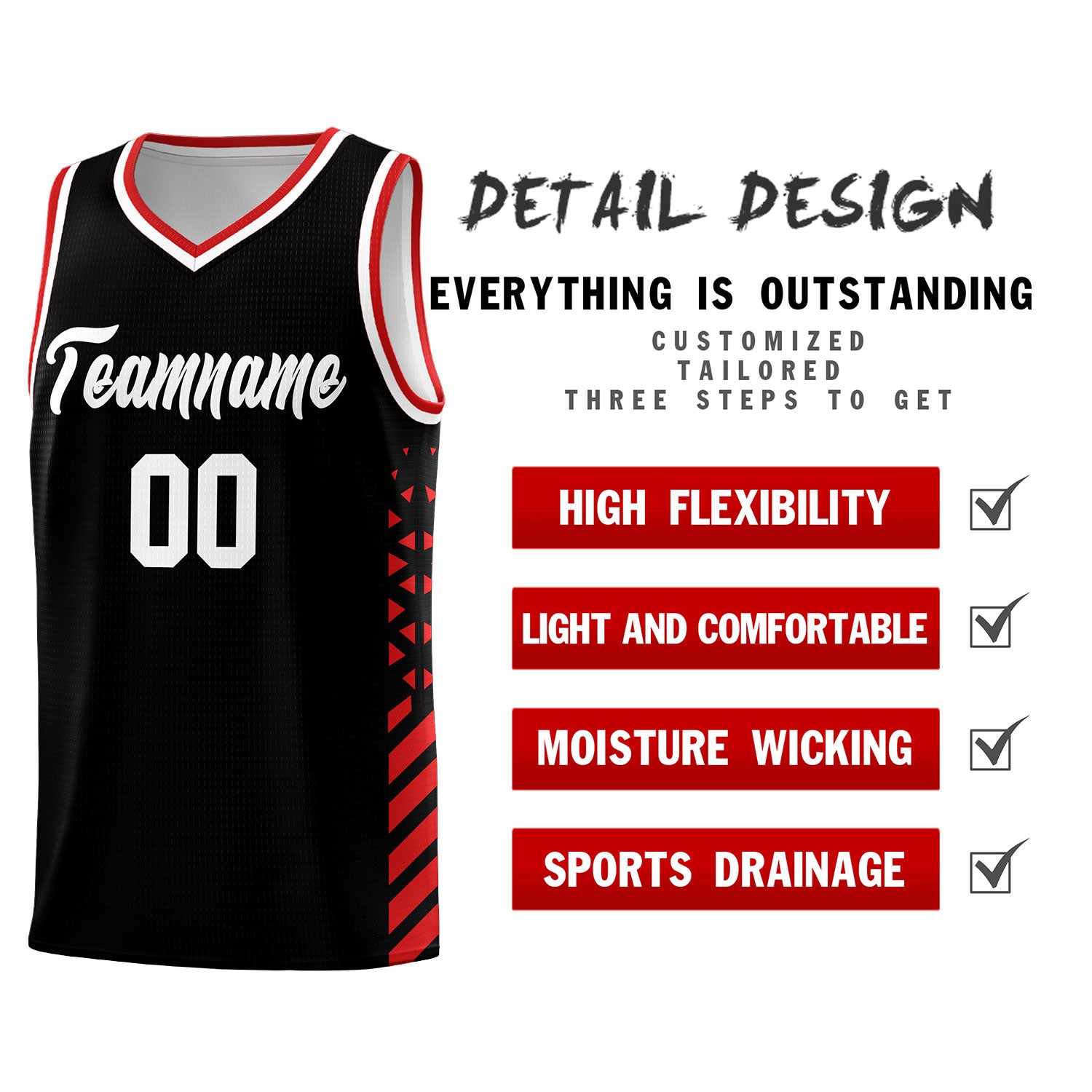 Custom Black Basketball Kits With Side Red Diamond Stripe Pattern