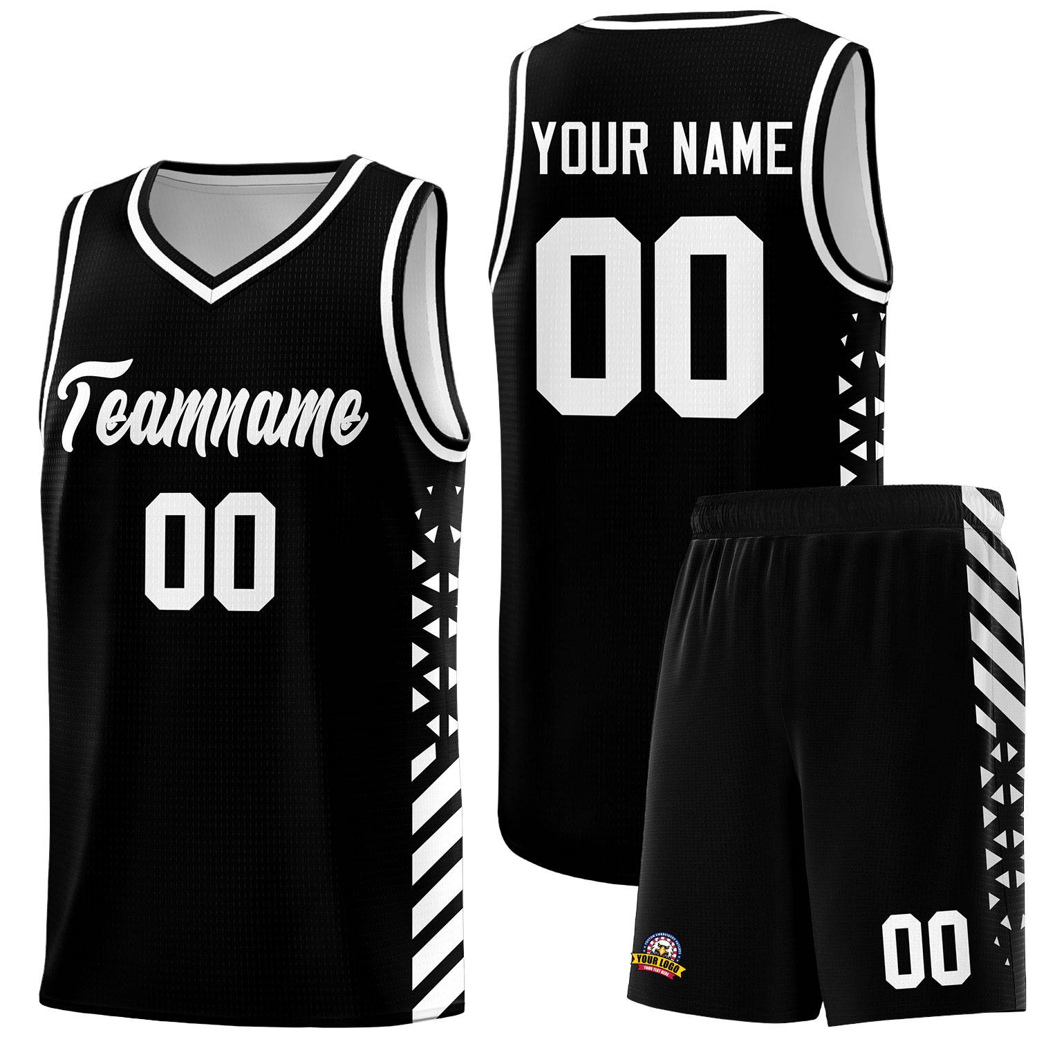 Custom Black Basketball Kits With Side White Diamond Stripe Pattern