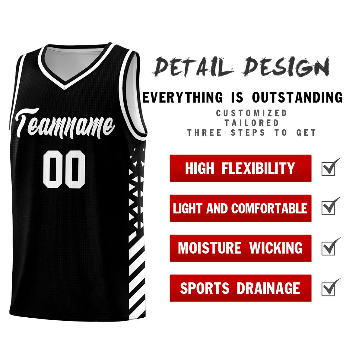 Custom Black Basketball Kits With Side White Diamond Stripe Pattern