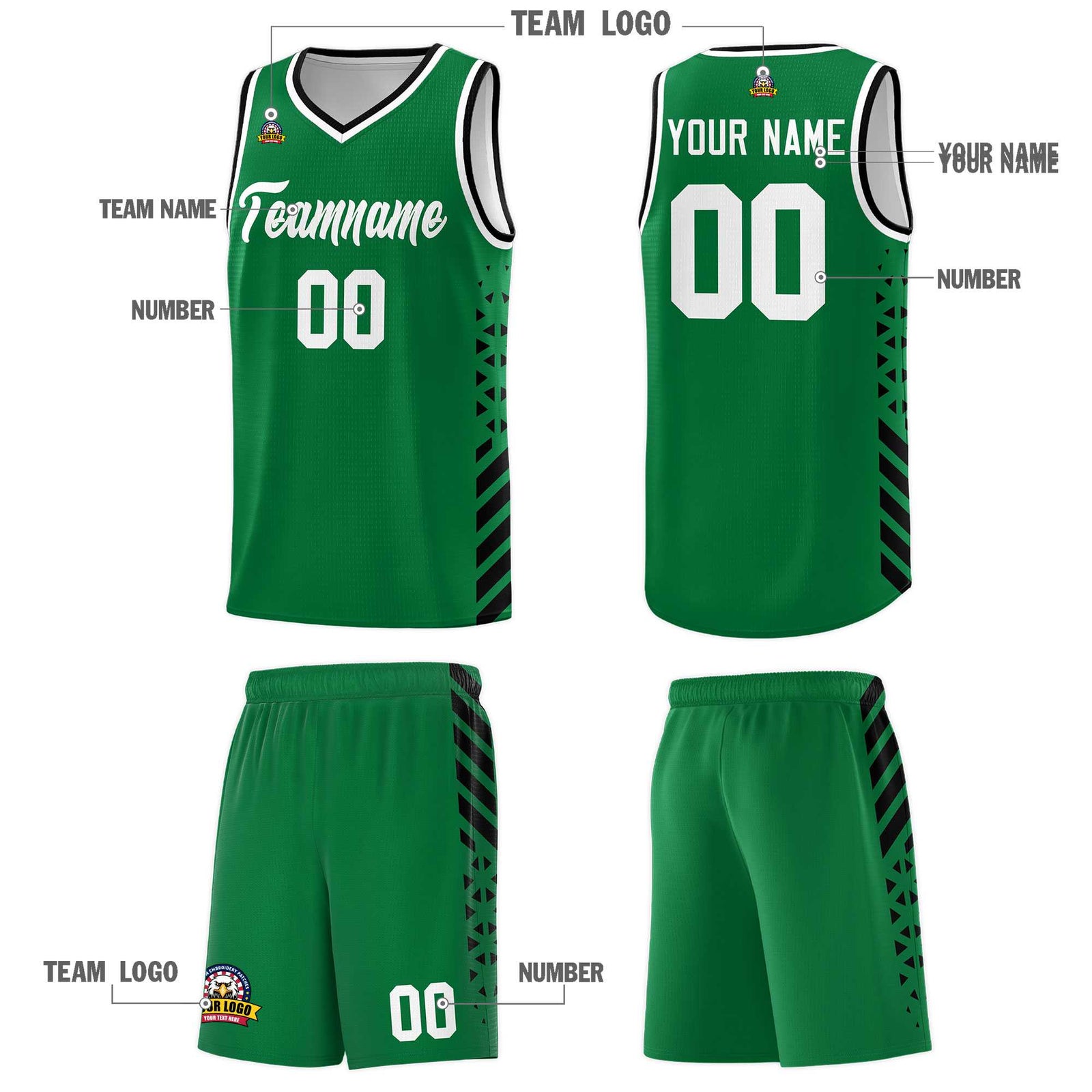 Custom Kelly Green Basketball Kits With Side Black Diamond Stripe Pattern