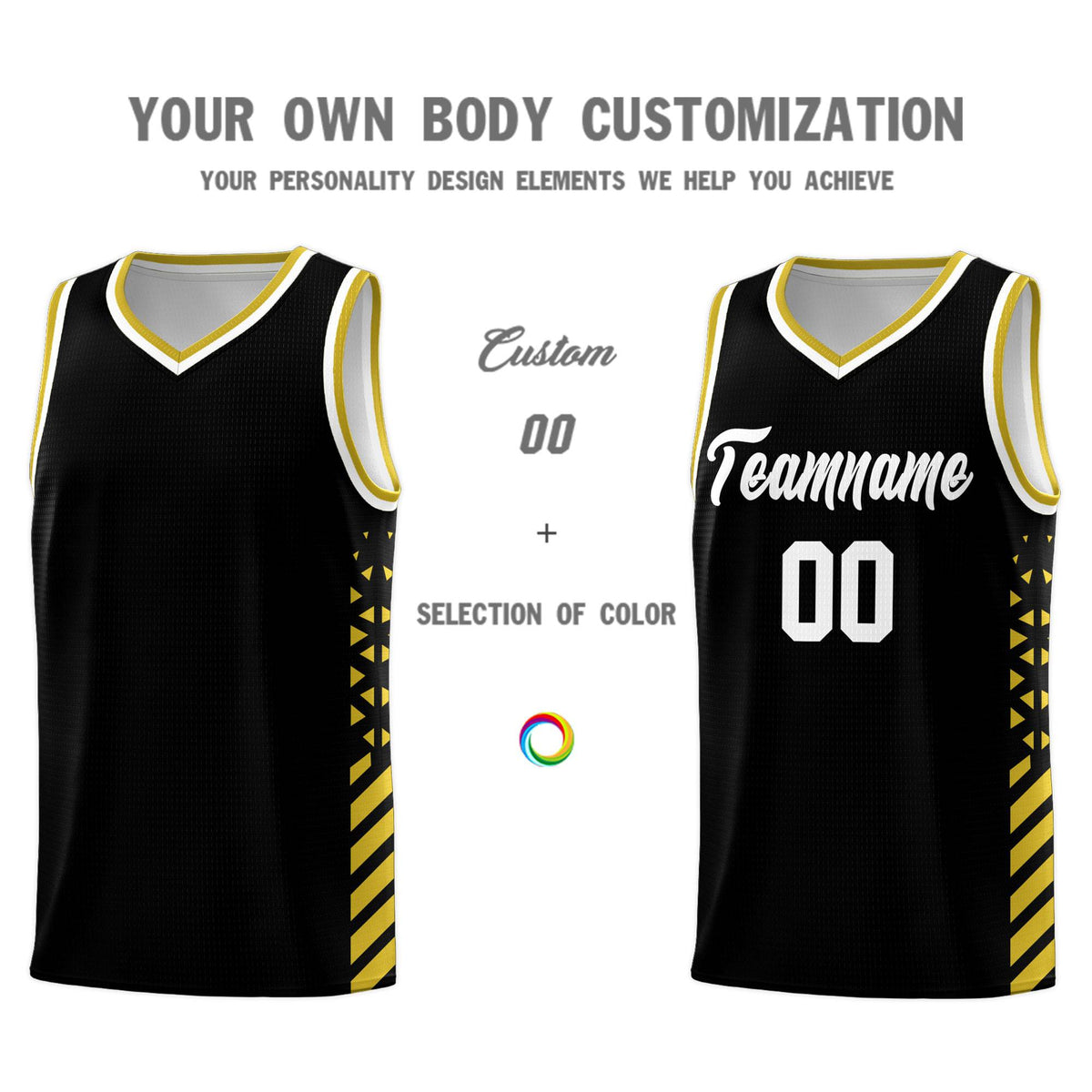 Custom Black Basketball Kits With Side Old Gold Diamond Stripe Pattern