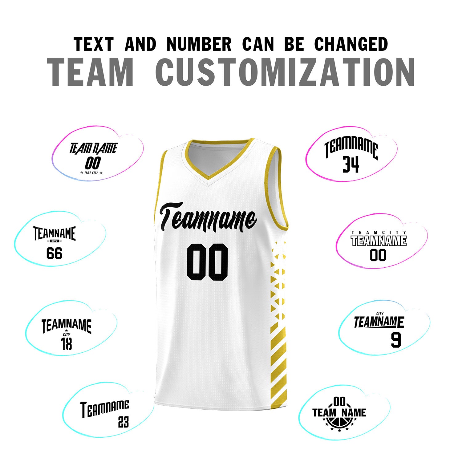 Custom White Basketball Kits With Side Old Gold Diamond Stripe Pattern