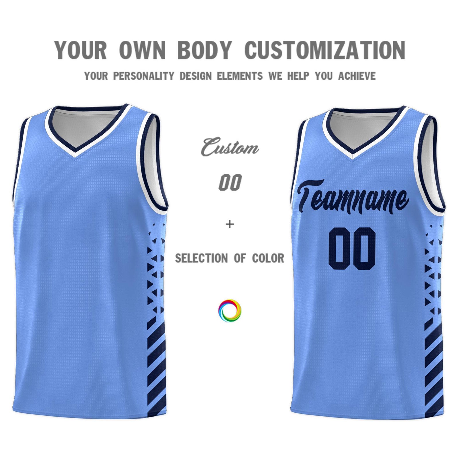 Custom Light Blue Basketball Kits With Side Navy Diamond Stripe Pattern