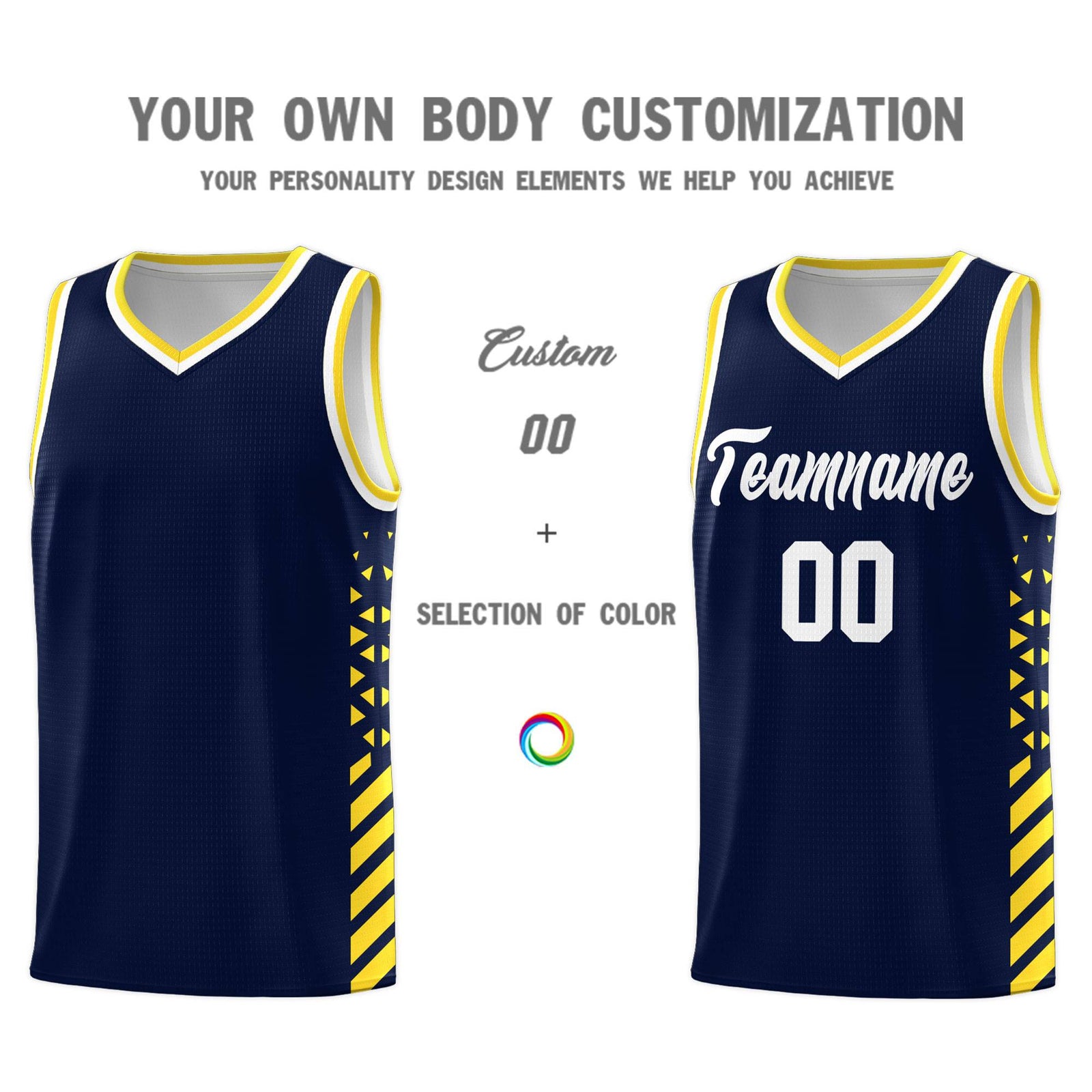 Custom Navy Basketball Kits With Side Gold Diamond Stripe Pattern