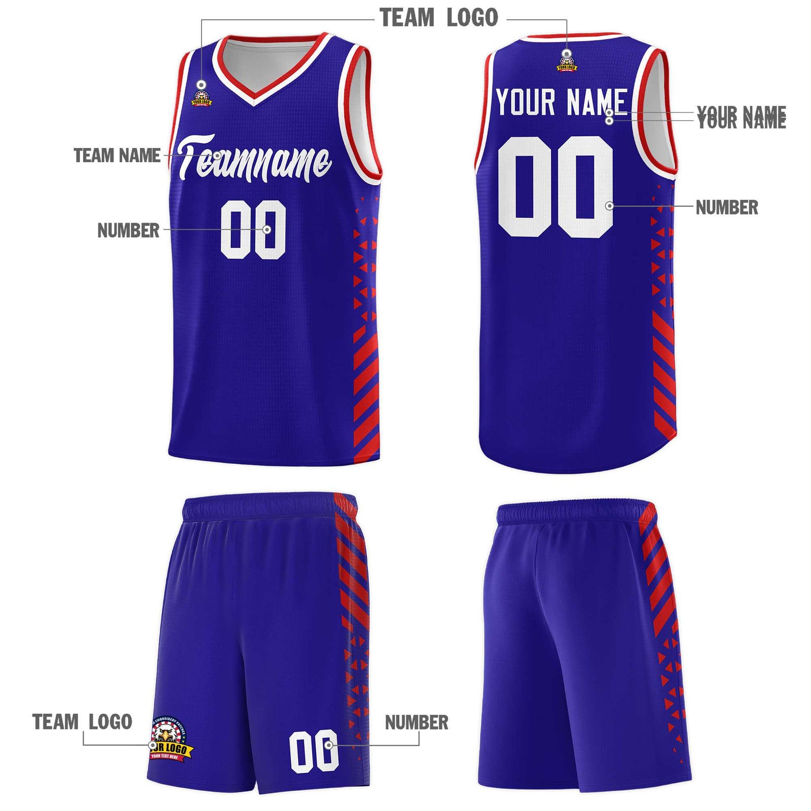Custom Royal Basketball Kits With Side Red Diamond Stripe Pattern