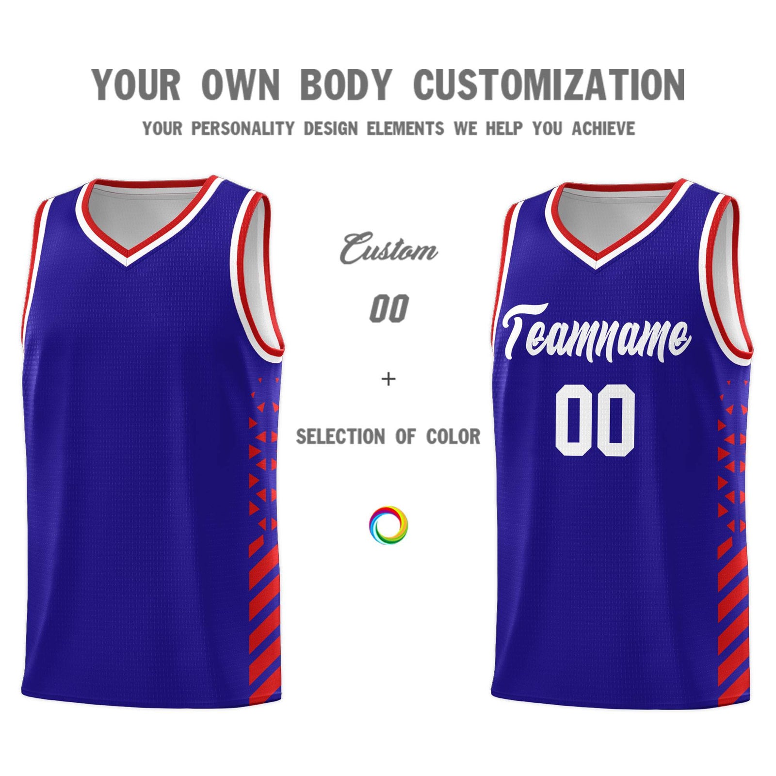 Custom Royal Basketball Kits With Side Red Diamond Stripe Pattern