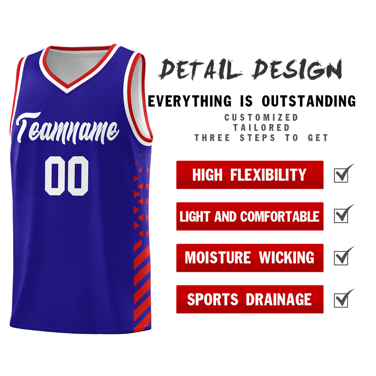 Custom Royal Basketball Kits With Side Red Diamond Stripe Pattern