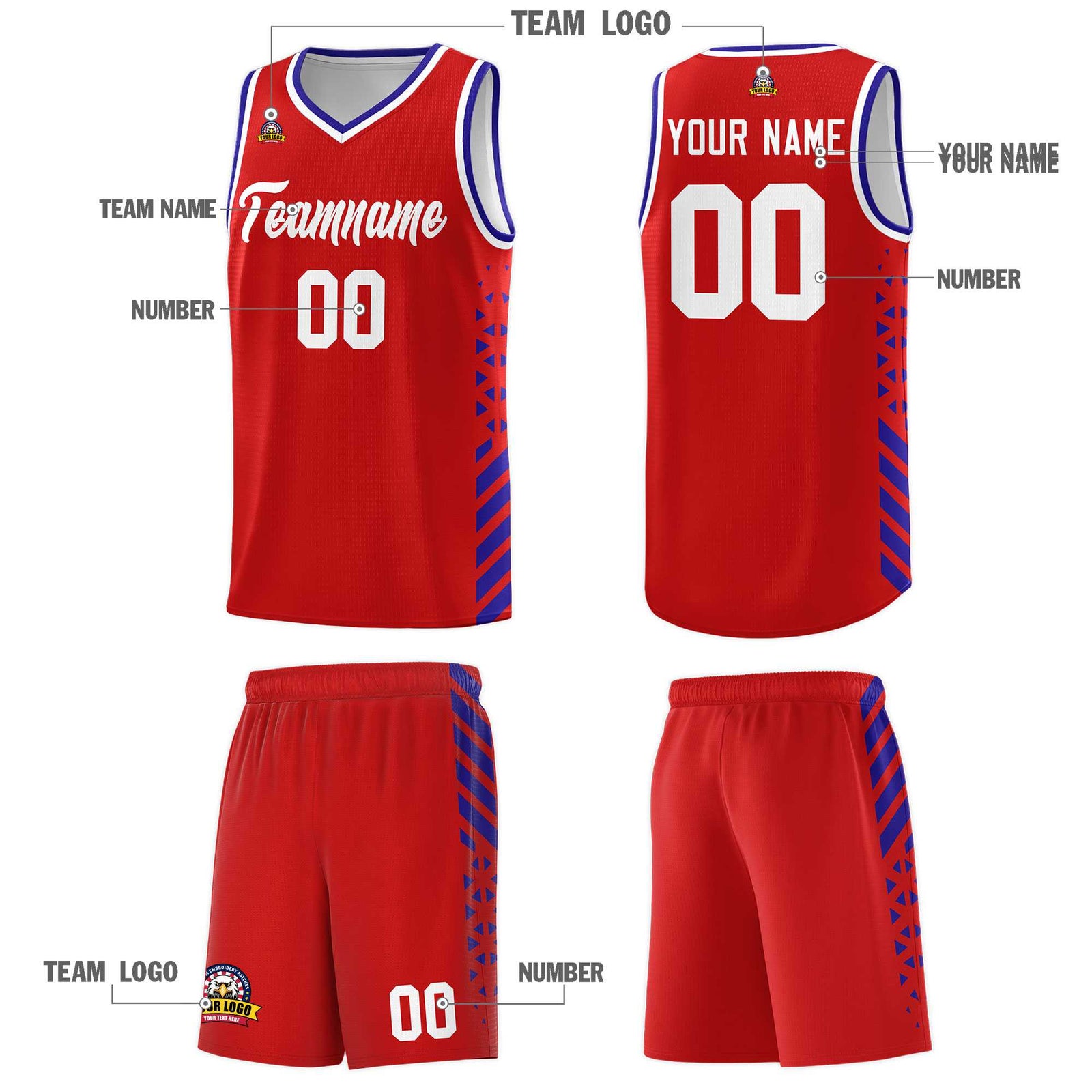 Custom Red Basketball Kits With Side Royal Diamond Stripe Pattern