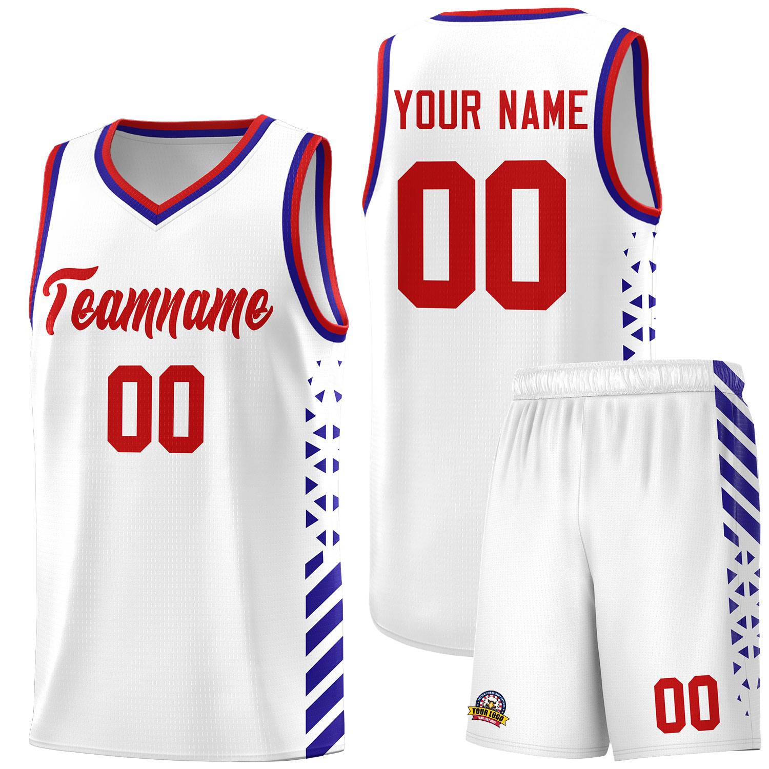 Custom White Basketball Kits With Side Royal Diamond Stripe Pattern