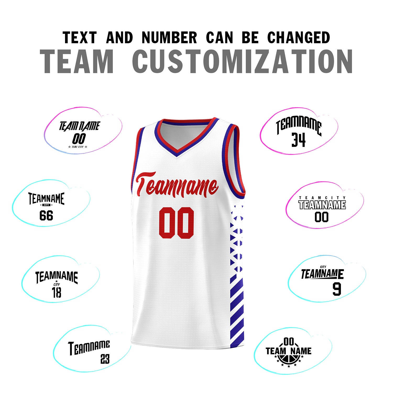 Custom White Basketball Kits With Side Royal Diamond Stripe Pattern