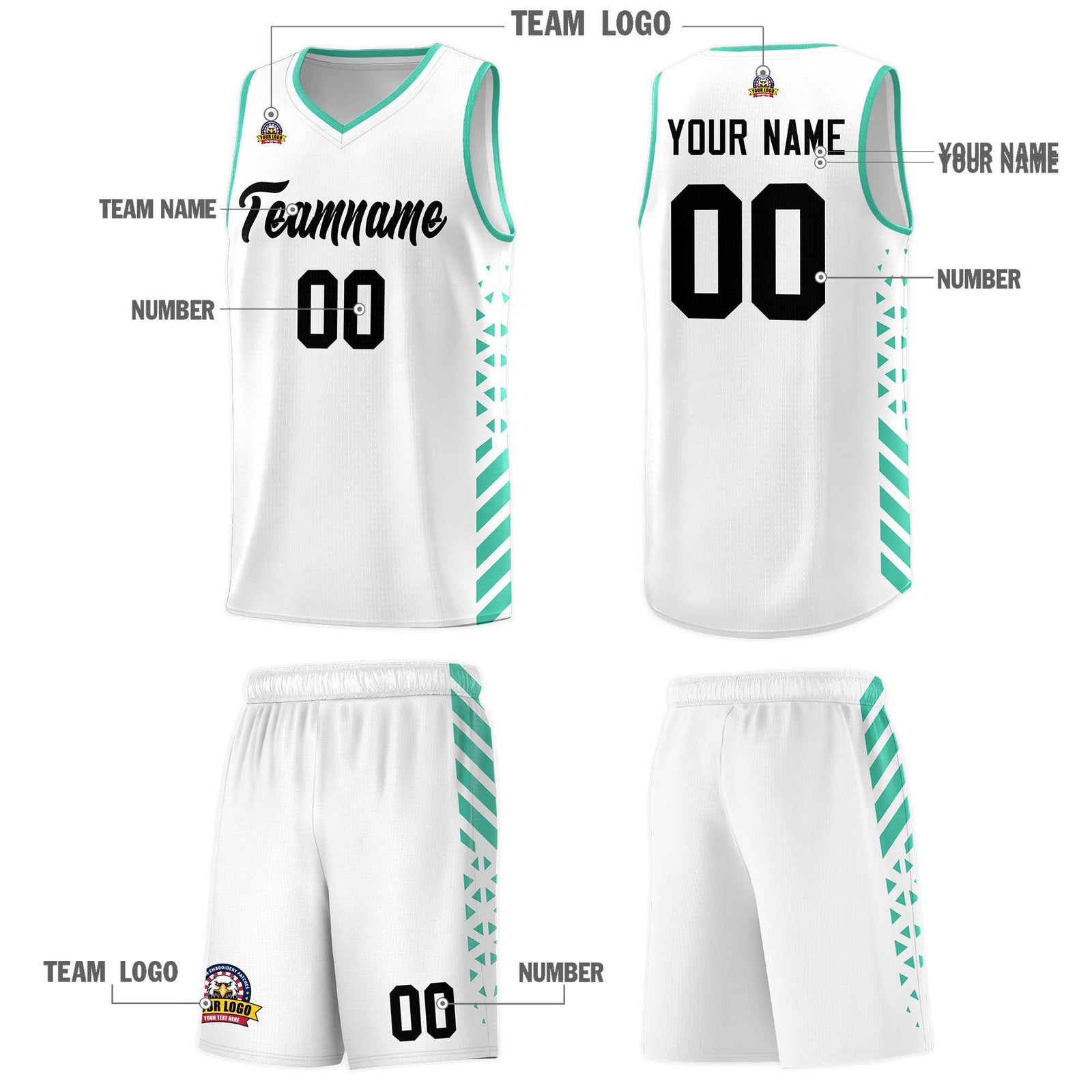 Custom White Basketball Kits With Side Bright Green Diamond Stripe Pattern