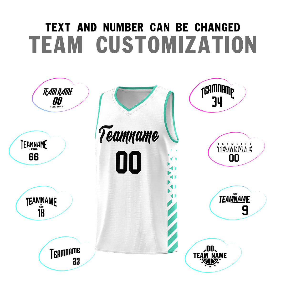 Custom White Basketball Kits With Side Bright Green Diamond Stripe Pattern