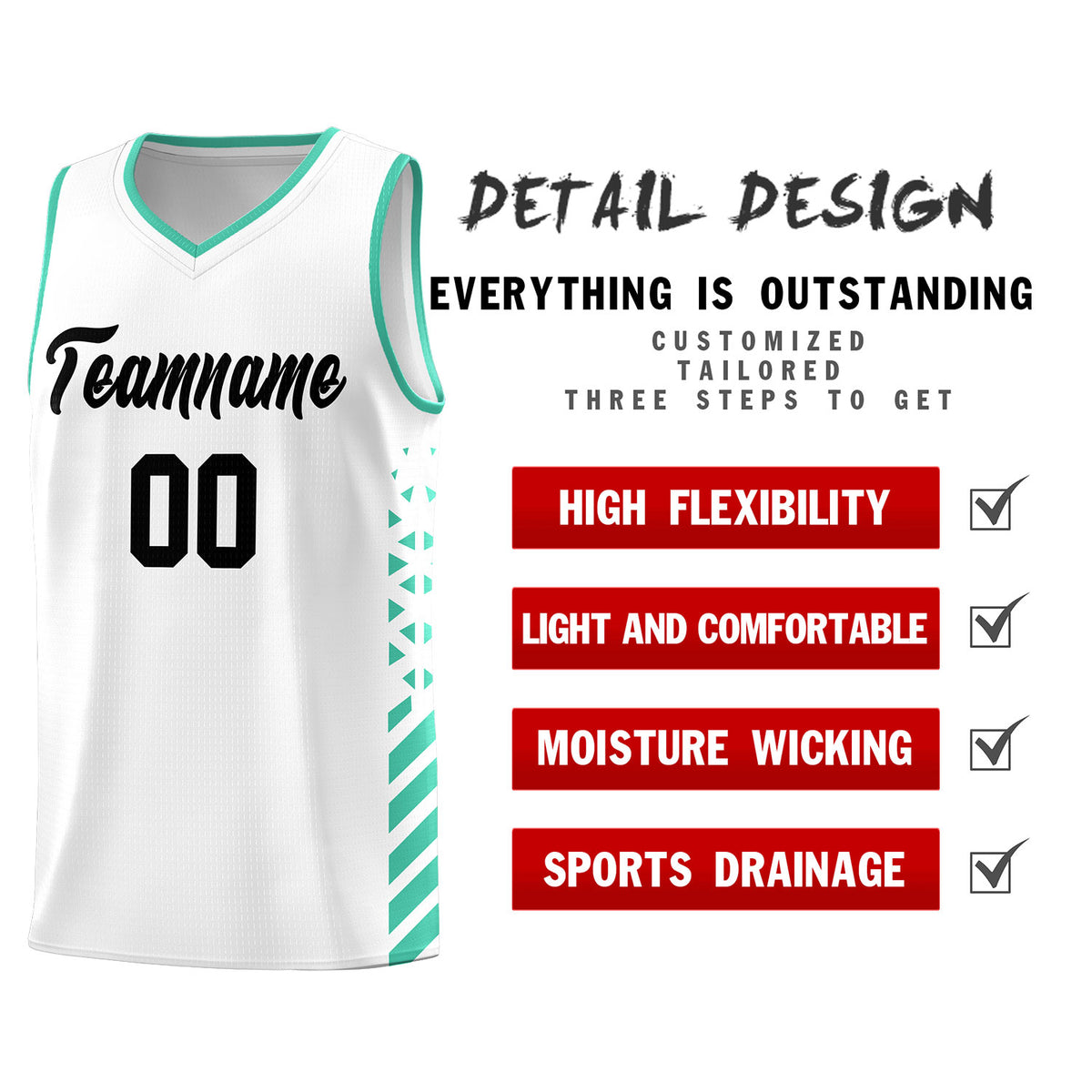 Custom White Basketball Kits With Side Bright Green Diamond Stripe Pattern