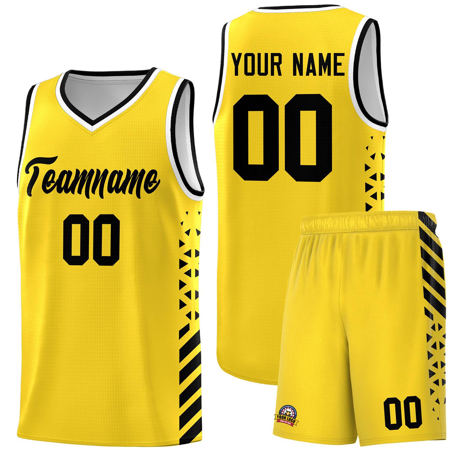 Custom Gold Basketball Kits With Side Black Diamond Stripe Pattern