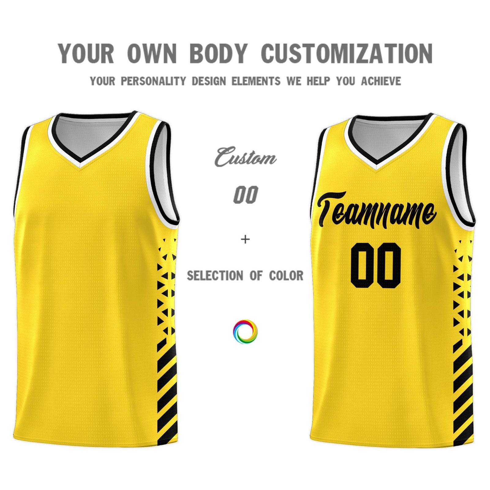 Custom Gold Basketball Kits With Side Black Diamond Stripe Pattern