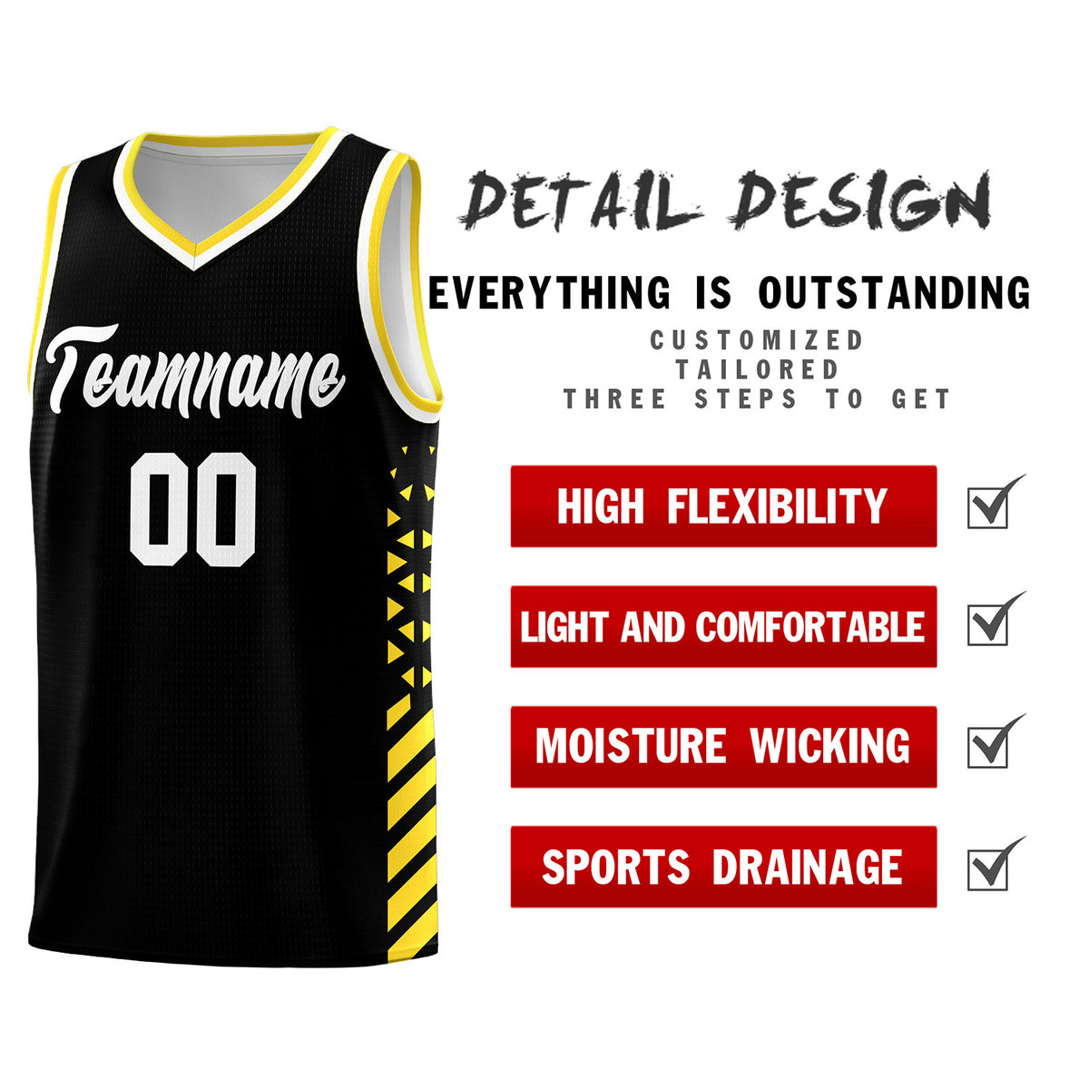 Custom Black Basketball Kits With Side Gold Diamond Stripe Pattern