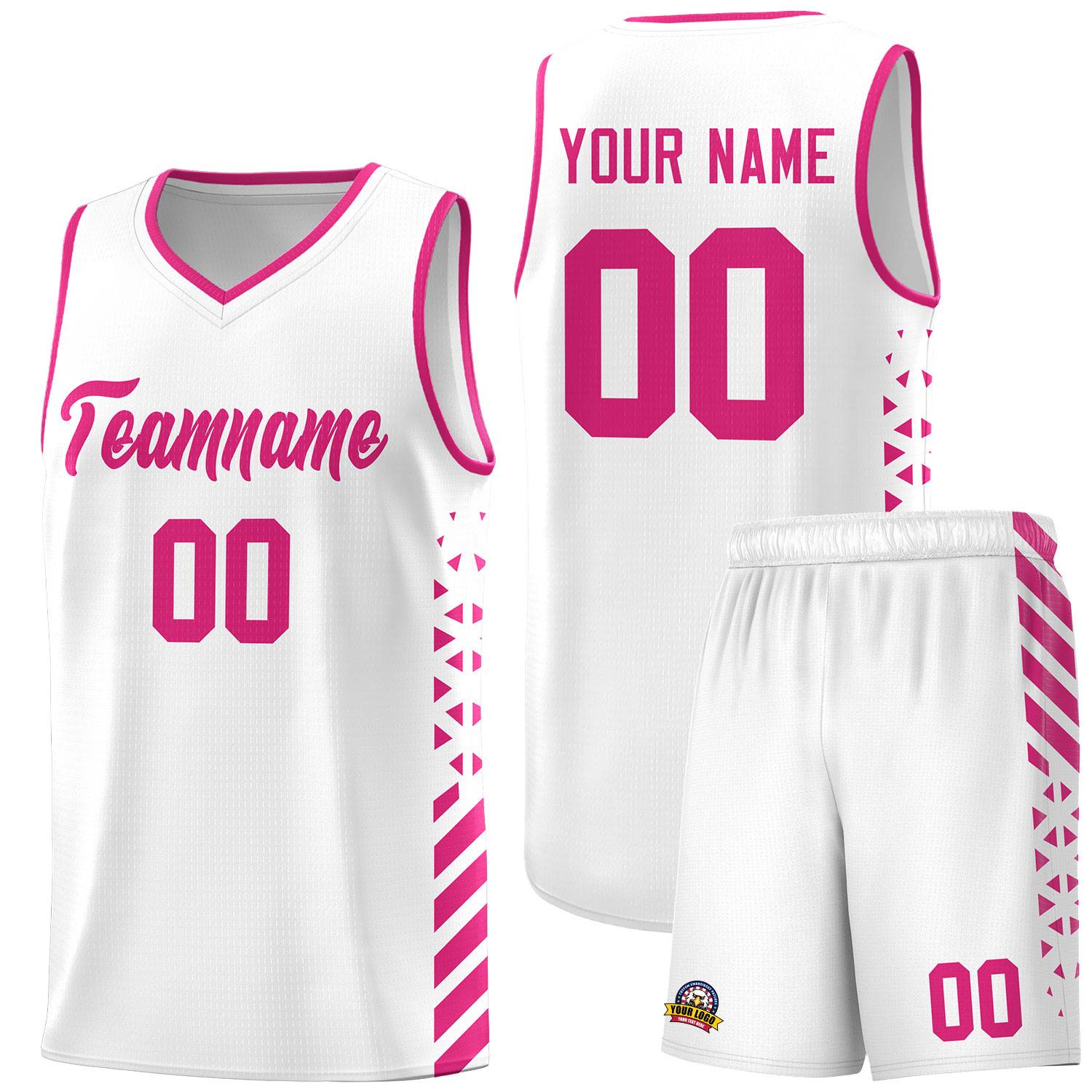Custom White Basketball Kits With Side Rose Red Diamond Stripe Pattern