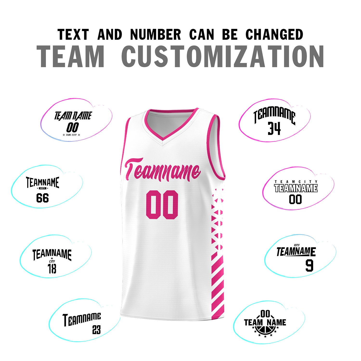 Custom White Basketball Kits With Side Rose Red Diamond Stripe Pattern