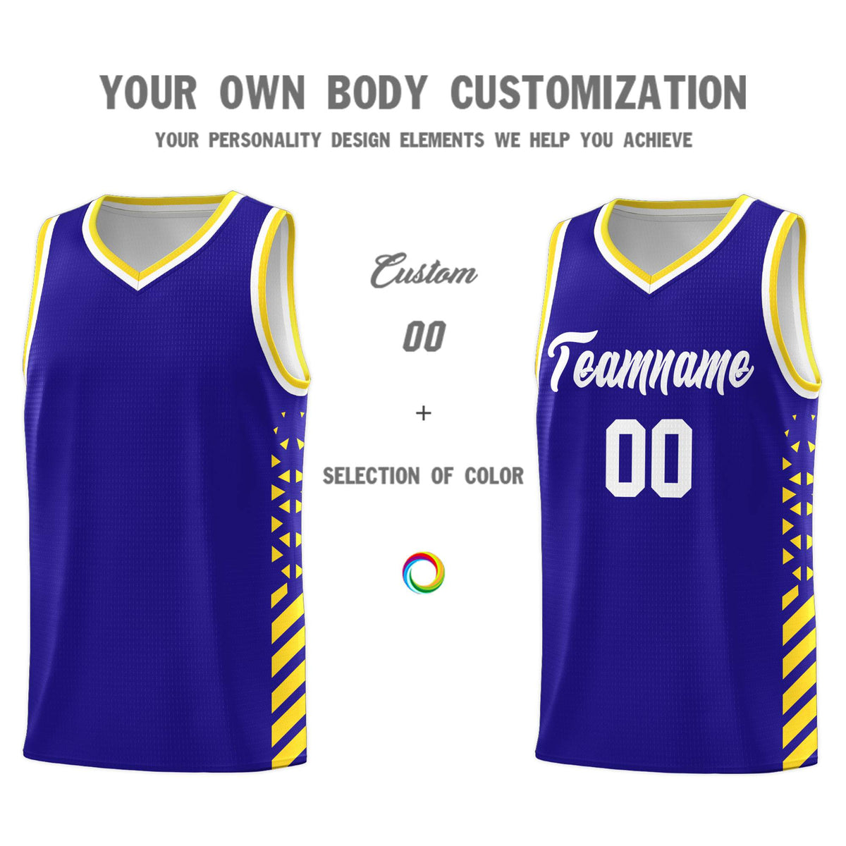 Custom Royal Basketball Kits With Side Gold Diamond Stripe Pattern