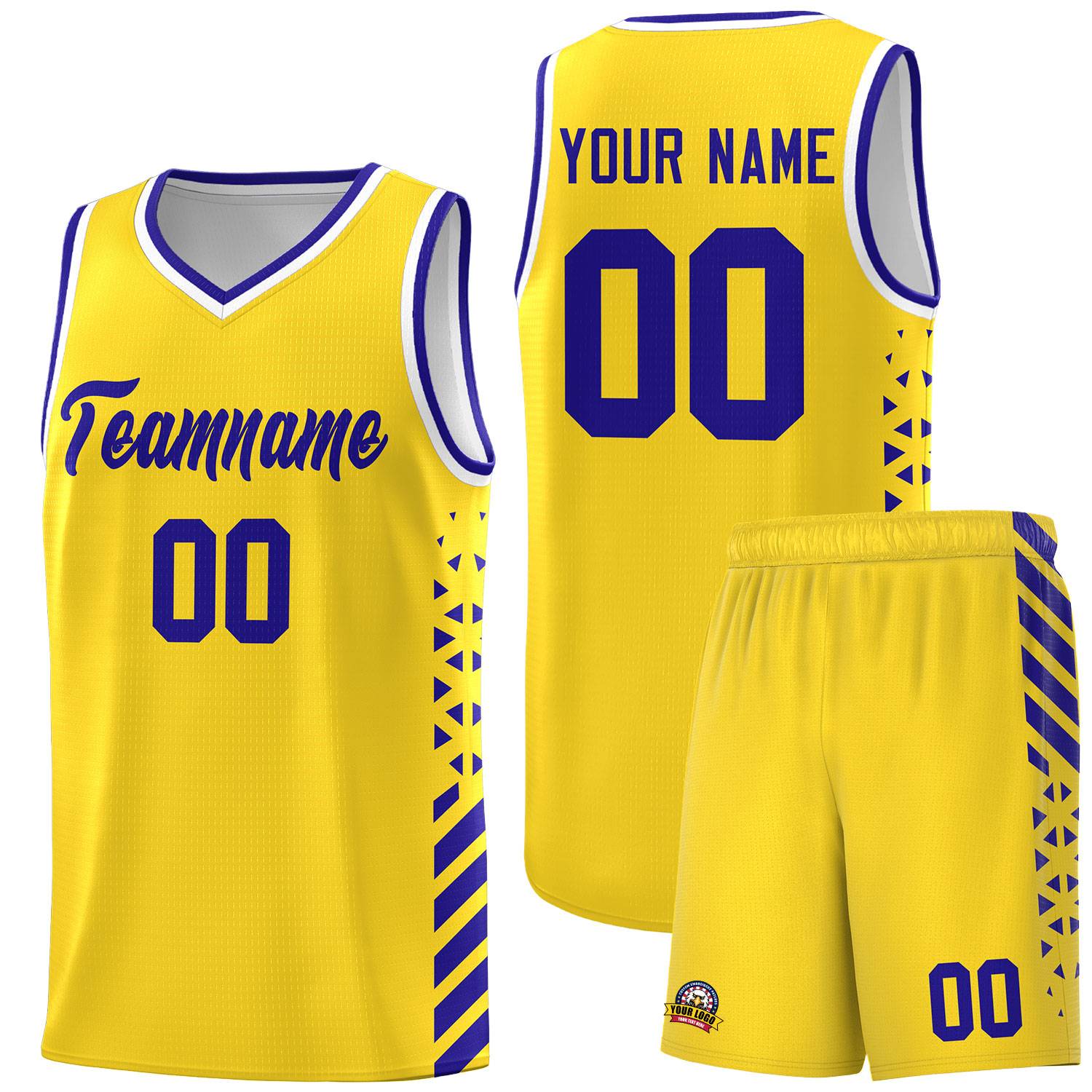 Custom Gold Basketball Kits With Side Royal Diamond Stripe Pattern