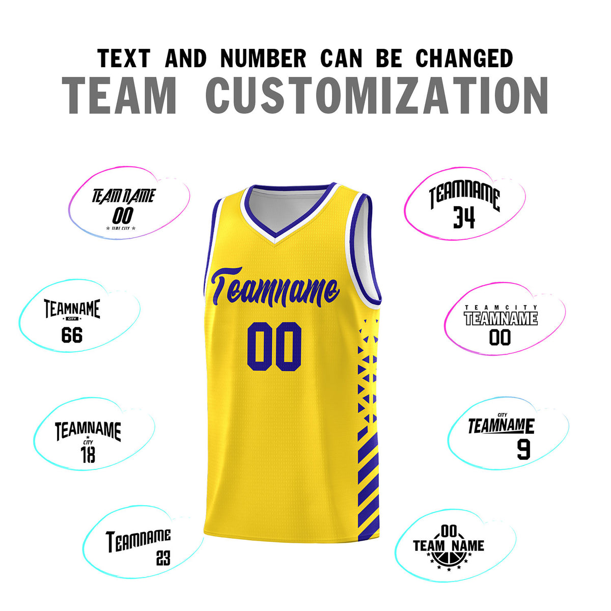 Custom Gold Basketball Kits With Side Royal Diamond Stripe Pattern