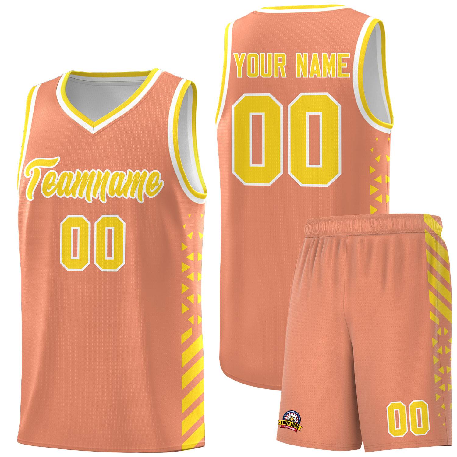 Custom Light Orange Basketball Kits With Side Gold Diamond Stripe Pattern