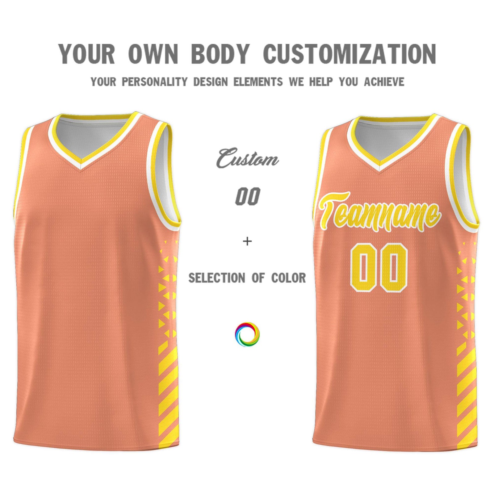 Custom Light Orange Basketball Kits With Side Gold Diamond Stripe Pattern