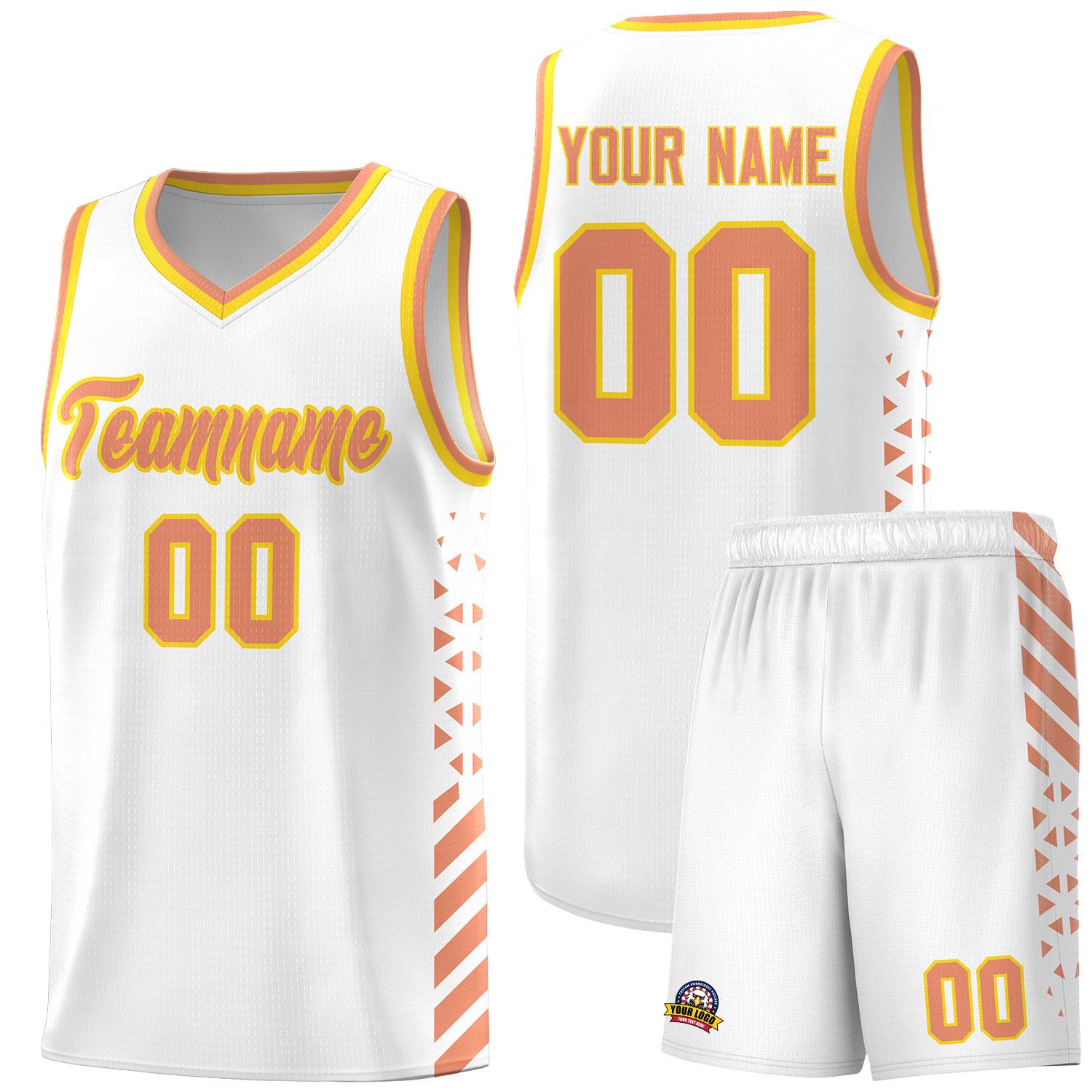 Custom White Basketball Kits With Side Light Orange Diamond Stripe Pattern