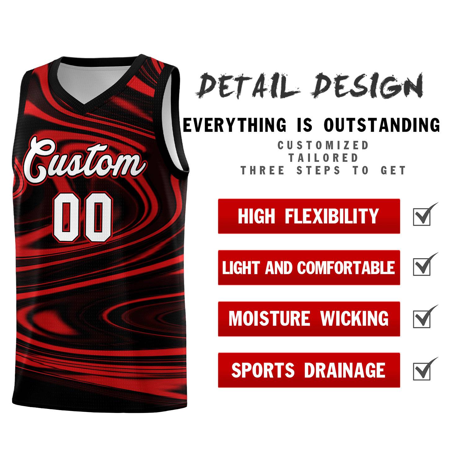 Custom Black Red Graffiti Pattern Fluids Style Sports Uniform Basketball Jersey Sets