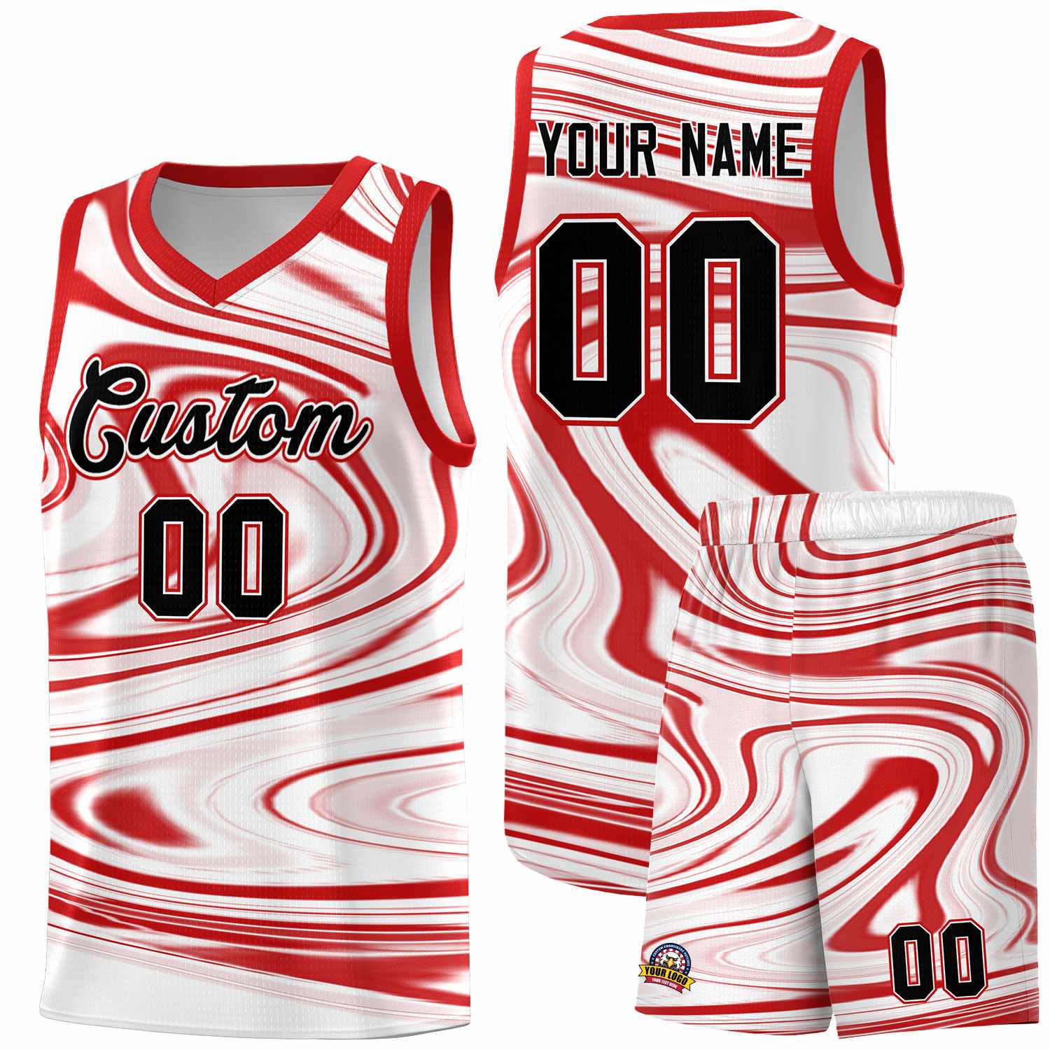 Custom White Red Graffiti Pattern Fluids Style Sports Uniform Basketball Jersey Sets