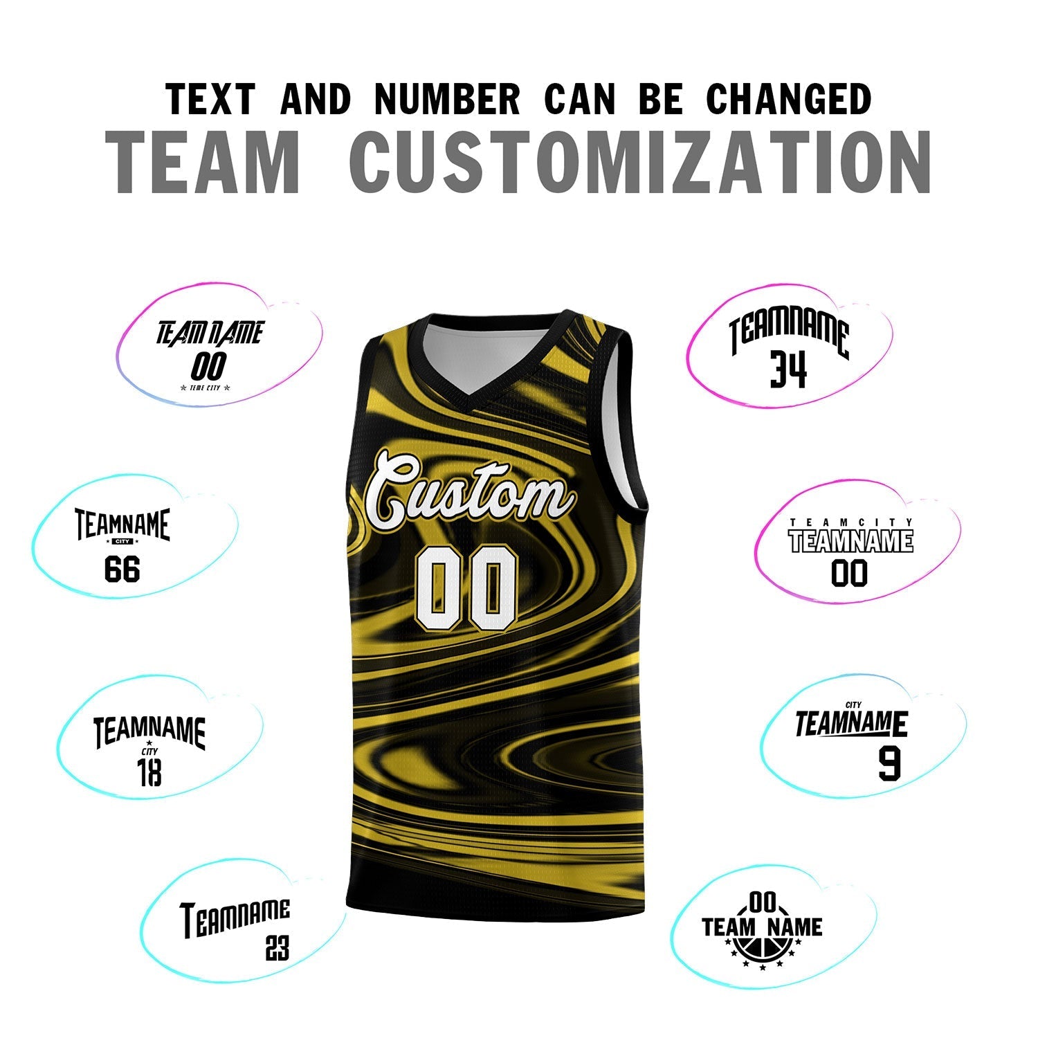 Custom Black Old Gold Graffiti Pattern Fluids Style Sports Uniform Basketball Jersey Sets