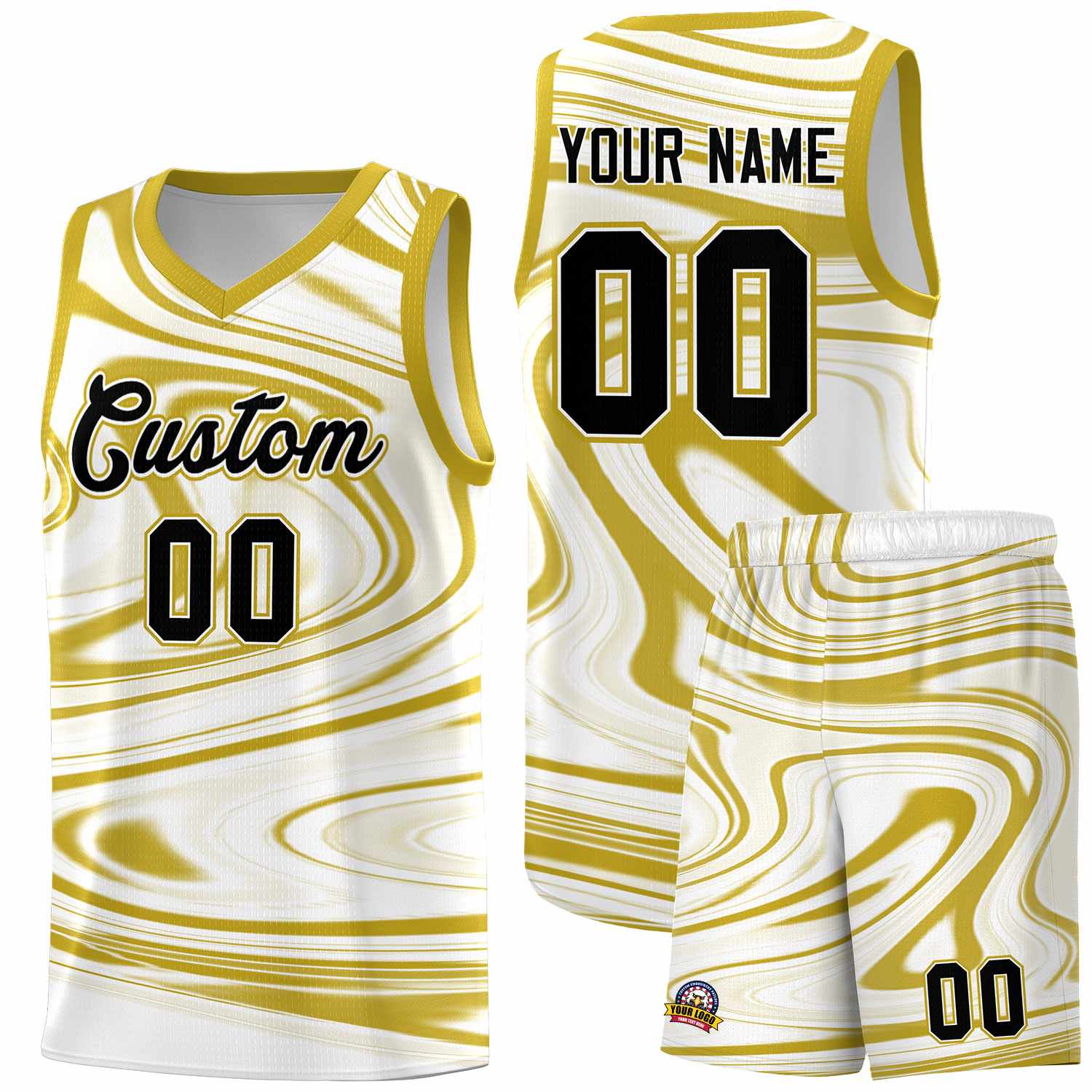 Custom White Old Gold Graffiti Pattern Fluids Style Sports Uniform Basketball Jersey Sets