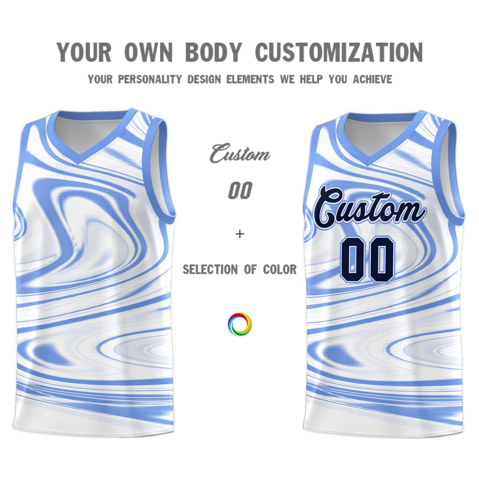 Custom White Light Blue Graffiti Pattern Fluids Style Sports Uniform Basketball Jersey Sets
