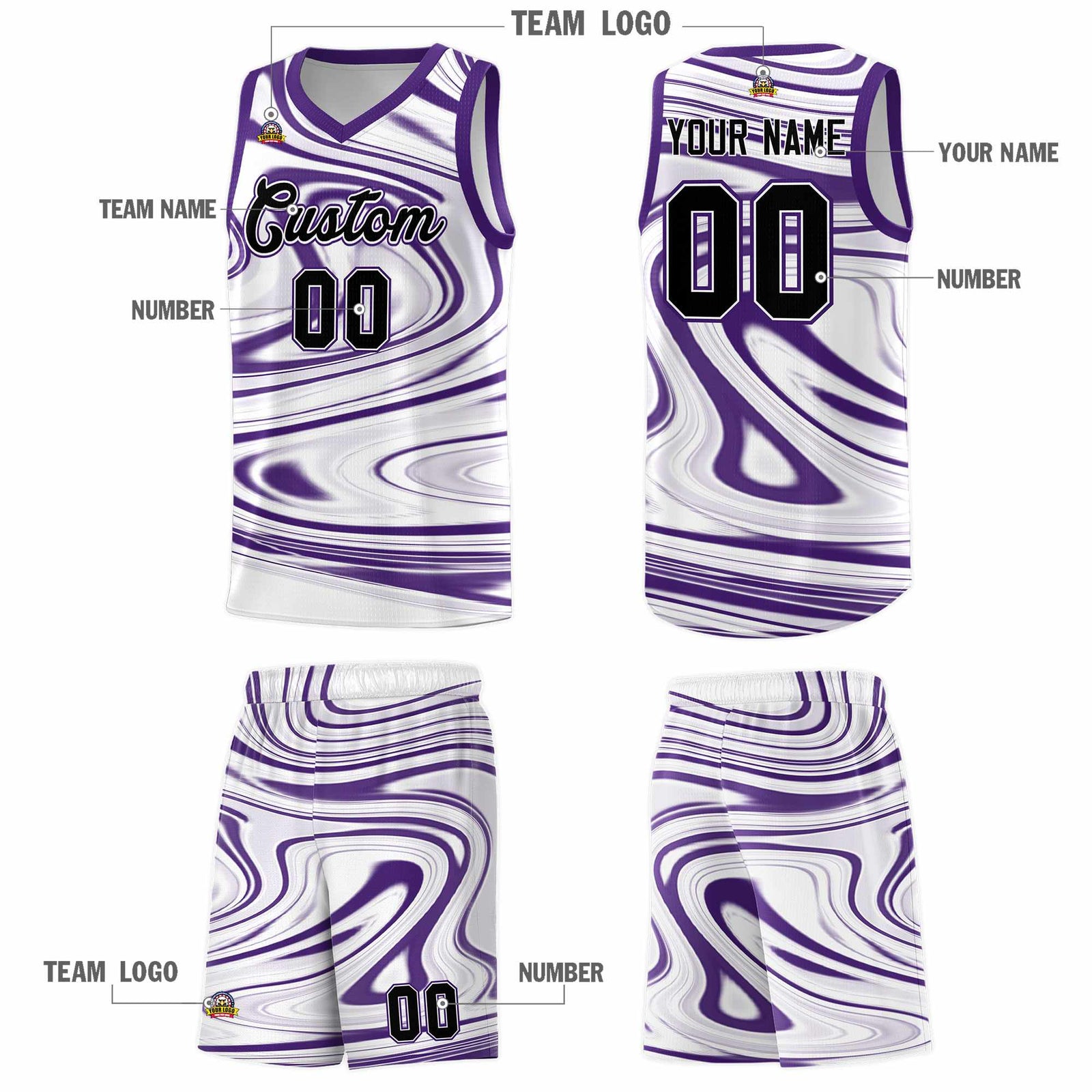 Custom White Purple Graffiti Pattern Fluids Style Sports Uniform Basketball Jersey Sets