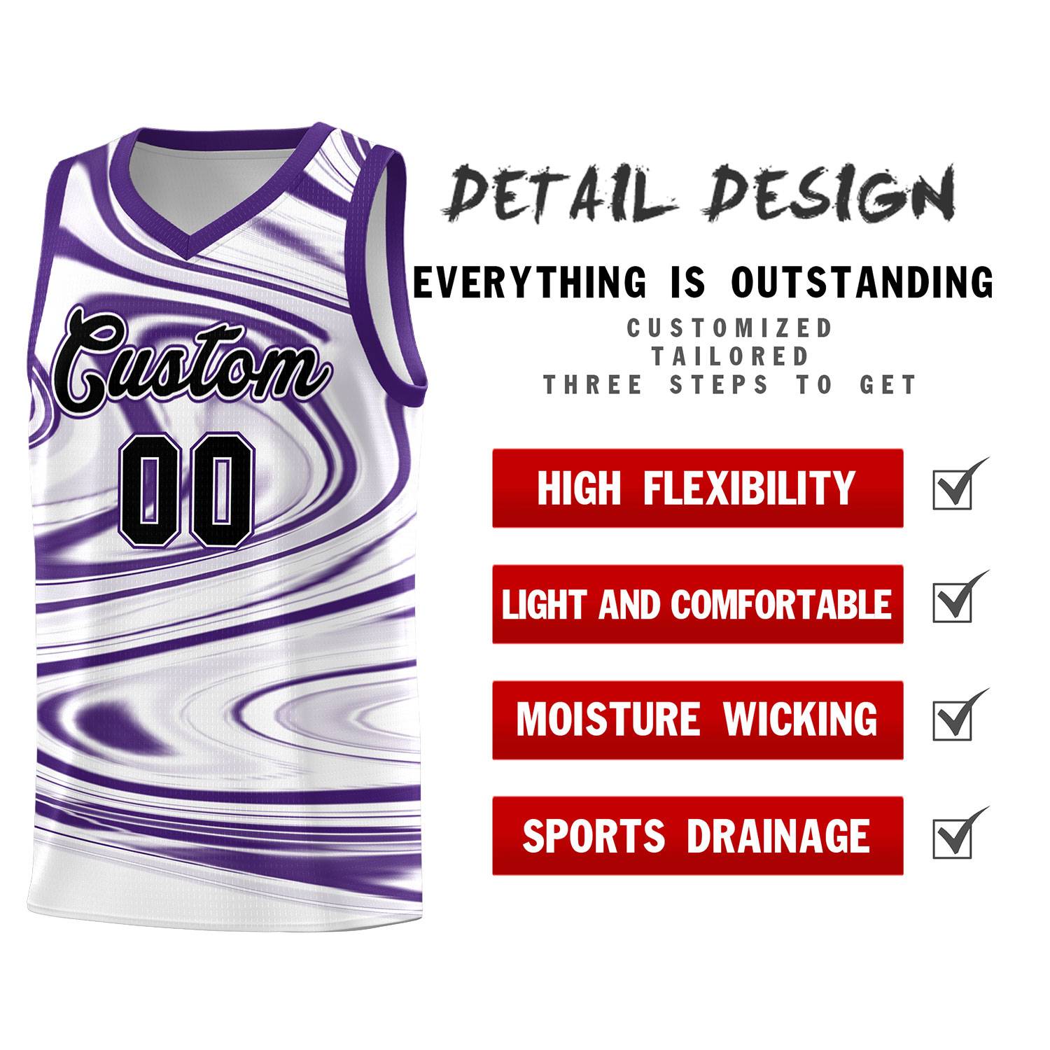 Custom White Purple Graffiti Pattern Fluids Style Sports Uniform Basketball Jersey Sets