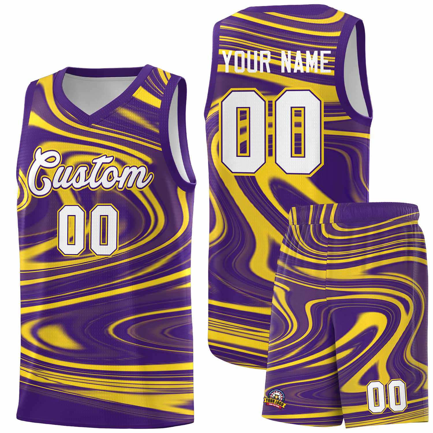 Custom Purple Gold Graffiti Pattern Fluids Style Sports Uniform Basketball Jersey Sets