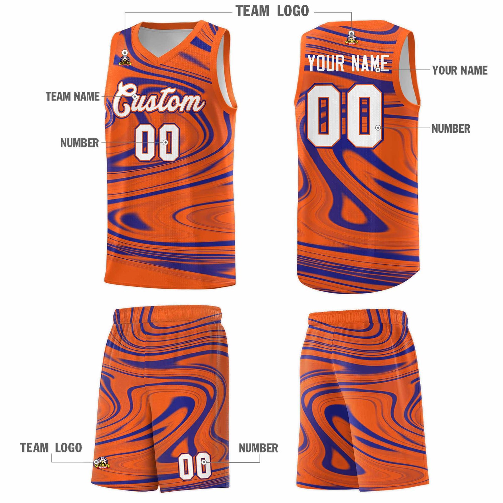 Custom Orange Royal Graffiti Pattern Fluids Style Sports Uniform Basketball Jersey Sets