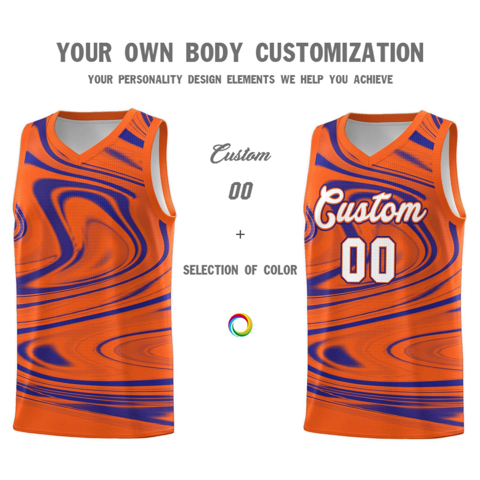 Custom Orange Royal Graffiti Pattern Fluids Style Sports Uniform Basketball Jersey Sets