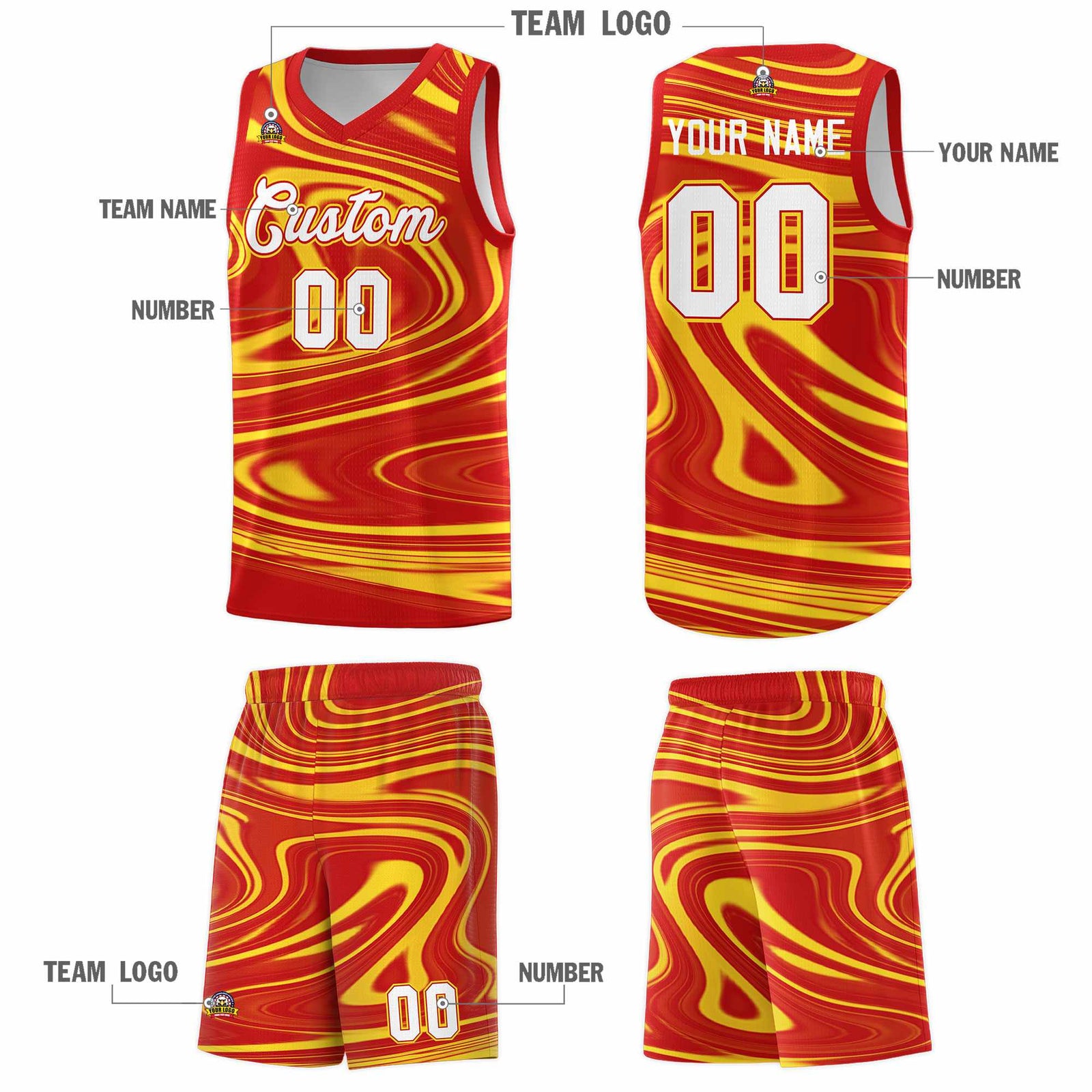 Custom Red Gold Graffiti Pattern Fluids Style Sports Uniform Basketball Jersey Sets