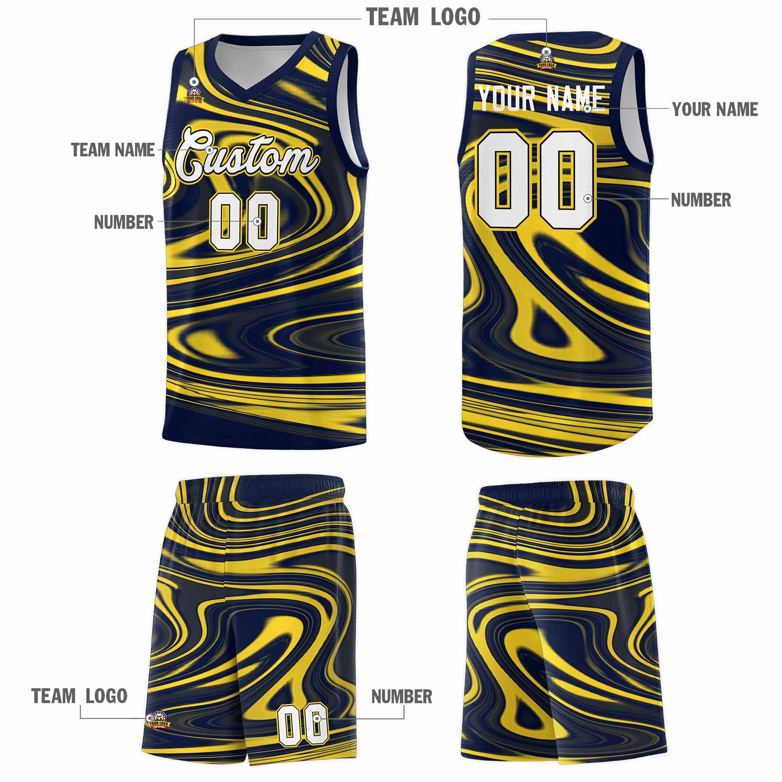 Custom Navy Gold Graffiti Pattern Fluids Style Sports Uniform Basketball Jersey Sets