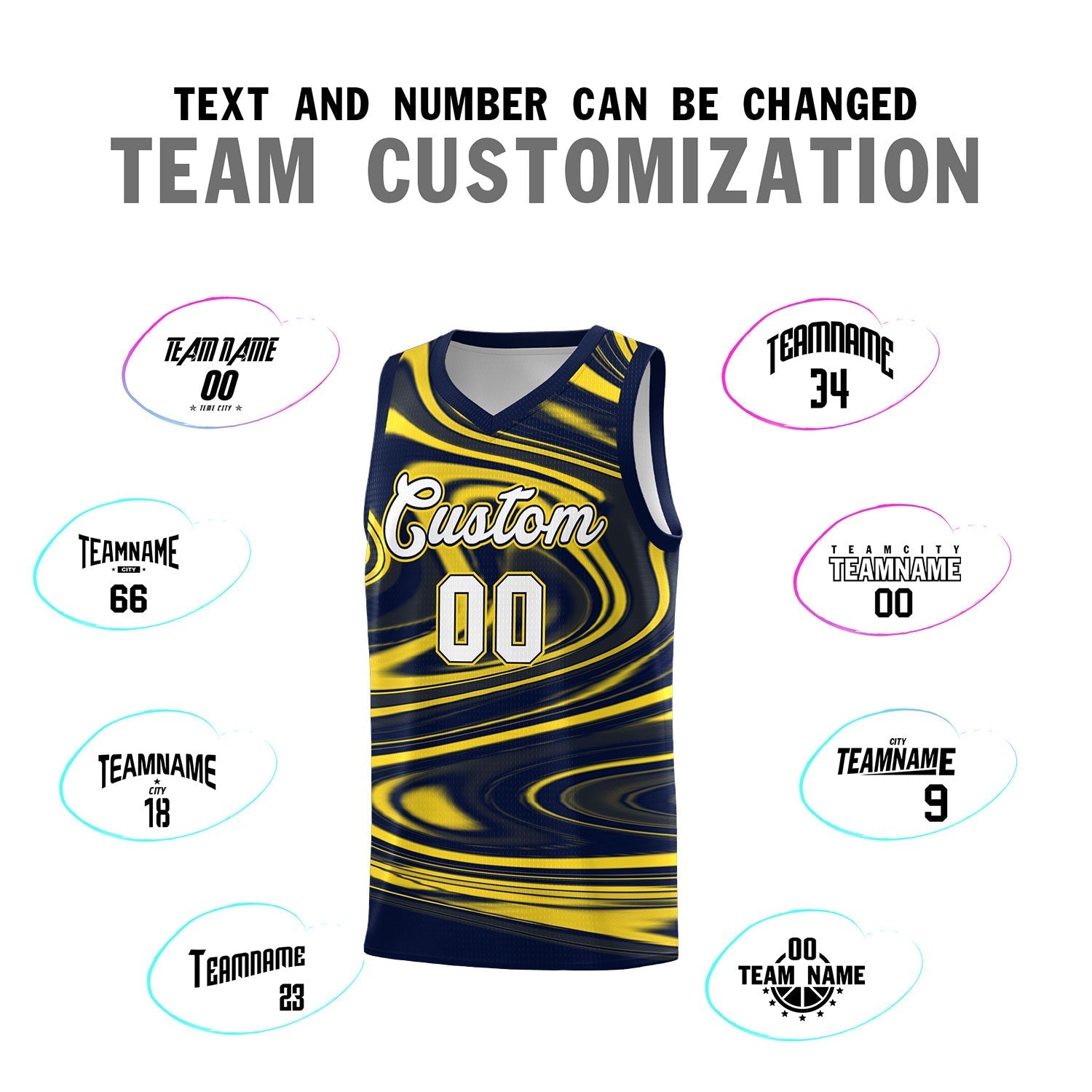 Custom Navy Gold Graffiti Pattern Fluids Style Sports Uniform Basketball Jersey Sets