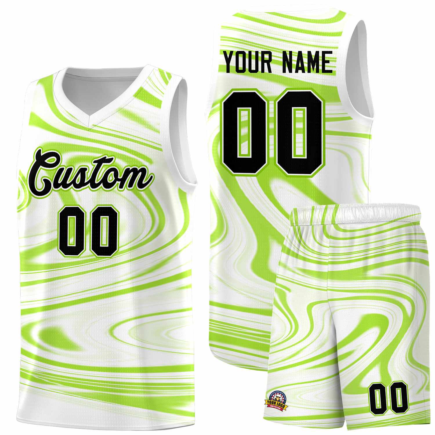 Custom White Light Green Graffiti Pattern Fluids Style Sports Uniform Basketball Jersey Sets