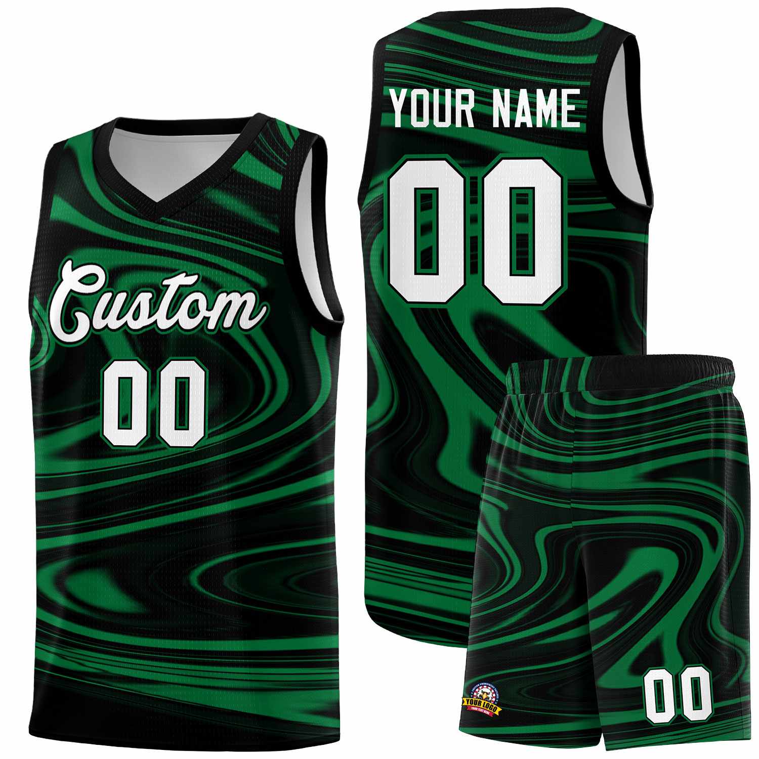 Custom Black Kelly Green Graffiti Pattern Fluids Style Sports Uniform Basketball Jersey Sets