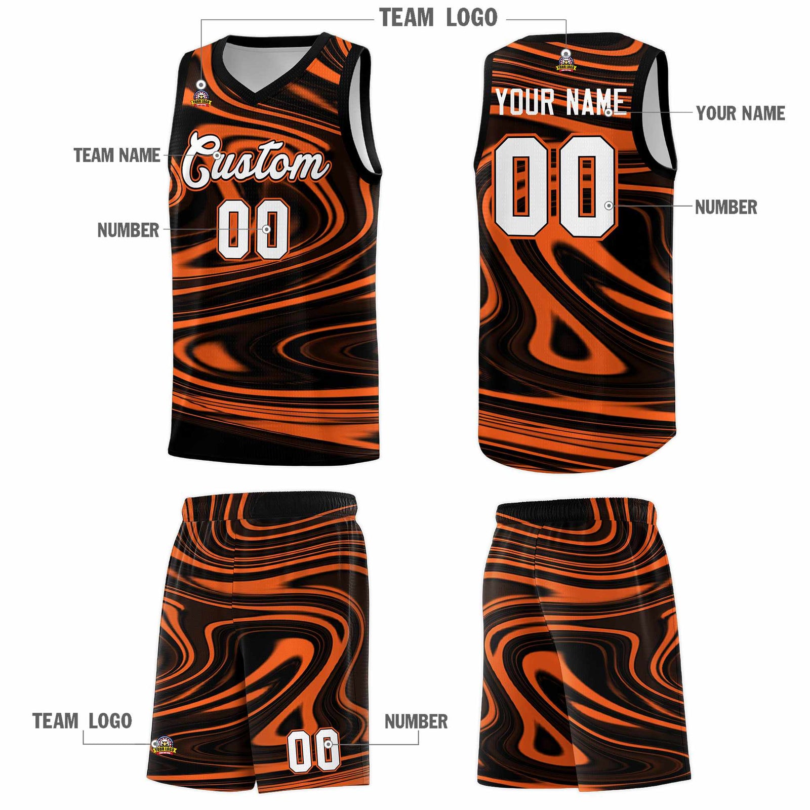 Custom Black Orange Graffiti Pattern Fluids Style Sports Uniform Basketball Jersey Sets