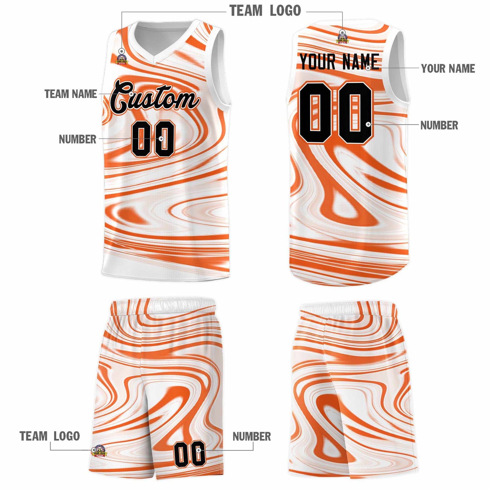 Custom White Orange Graffiti Pattern Fluids Style Sports Uniform Basketball Jersey Sets